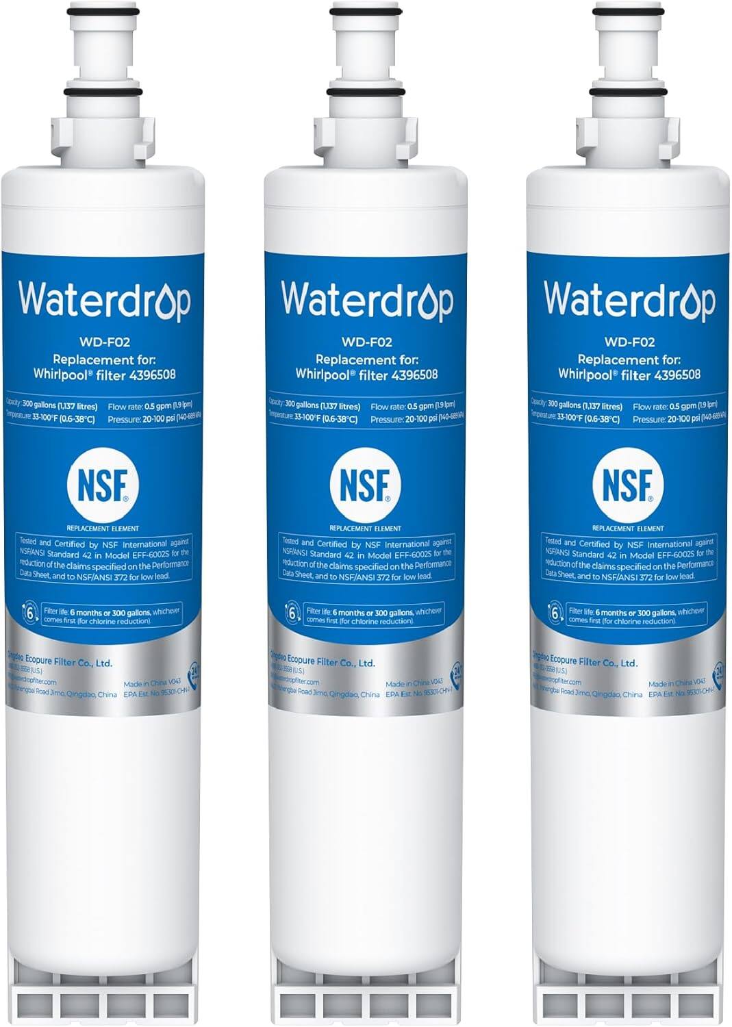 Waterdrop  
WD-F02  
Replacement for: Whirlpool filter 4396508  

Capacity: 300 gallons (1,377 litres)  
Flow rate: 0.5 gpm (19 lpm)  
Temperature: 33-100°F (0.6-38°C)  
Pressure: 20-100 psi (464-689 kPa)  

NSF  
REPLACEMENT ELEMENT  
Tested and Certified by NSF International against NSF/ANSI Standard 42 in Model EFF-6002S for reduction of the claims specified on the Performance Data Sheet, and to NSF/ANSI 372 for low lead.  

Filter life 6 months or 300 gallons, whichever comes first (for chlorine reduction).  

Qingdao Ecopure Filter Co., Ltd.  
Qingdao Road Jimo, Qingdao, China  
EPA Est. No. 95300-CH  

Waterdrop  
WD-F02  
Replacement for: Whirlpool filter 4396508  

Capacity: 300 gallons (1,377 litres