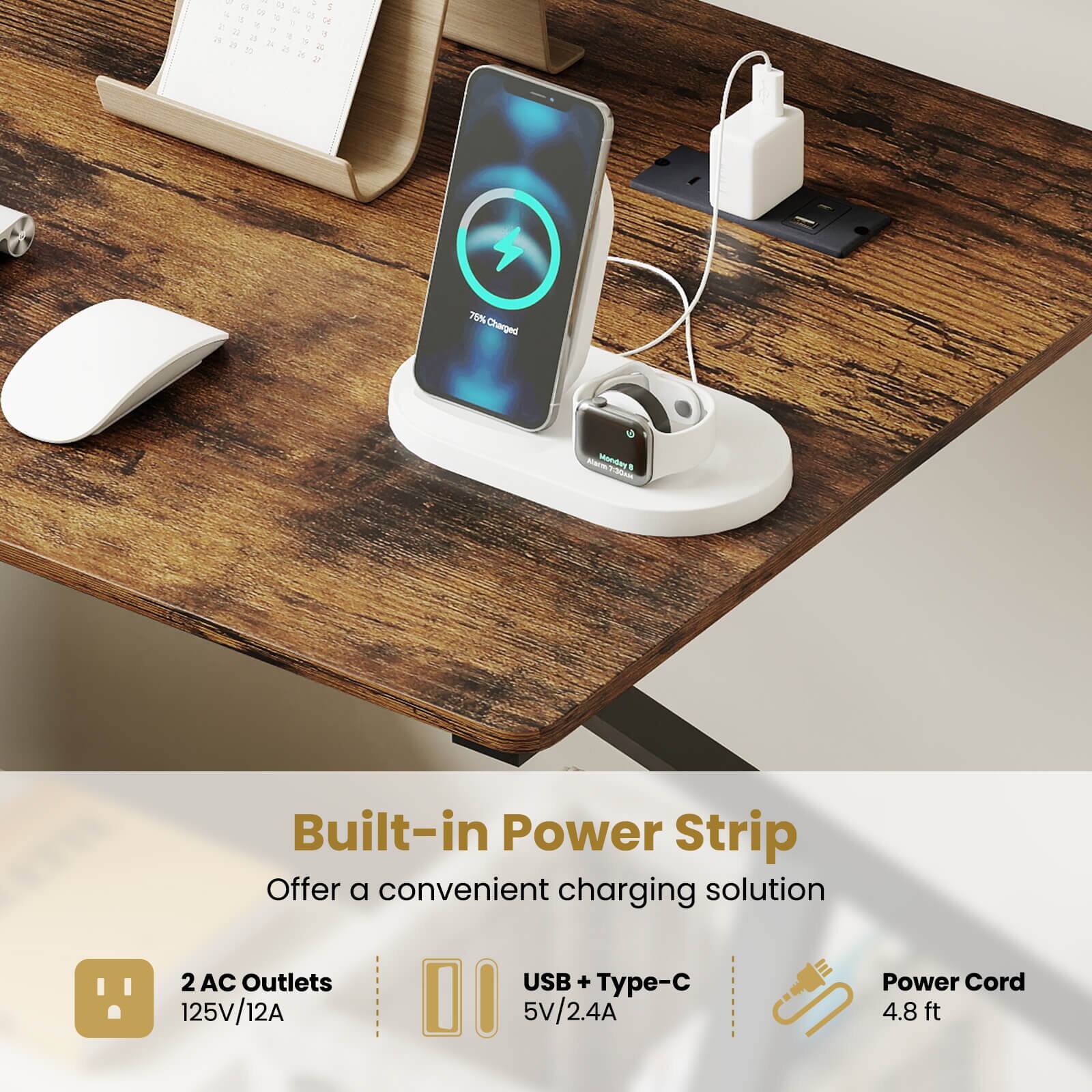 1. d - DE 1 76% Charged wm7-30mm My 1 Built-in Power Strip  
   Offer a convenient charging solution  
   2 AC Outlets USB + Type-C  
   Power Cord 125V/12A 5V/2.4A 4.8 ft