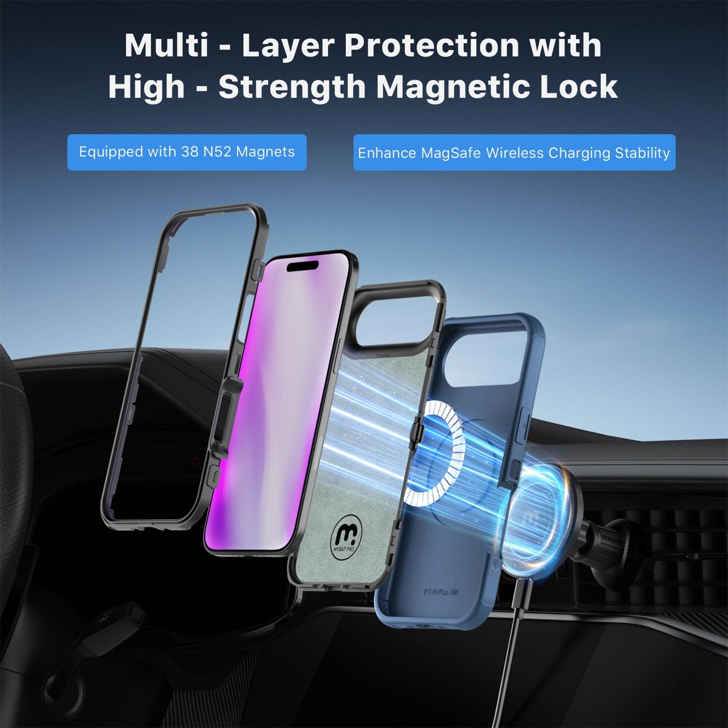 Multi-Layer Protection with High-Strength Magnetic Lock

Equipped with 38 N52 Magnets

Enhance MagSafe Wireless Charging Stability