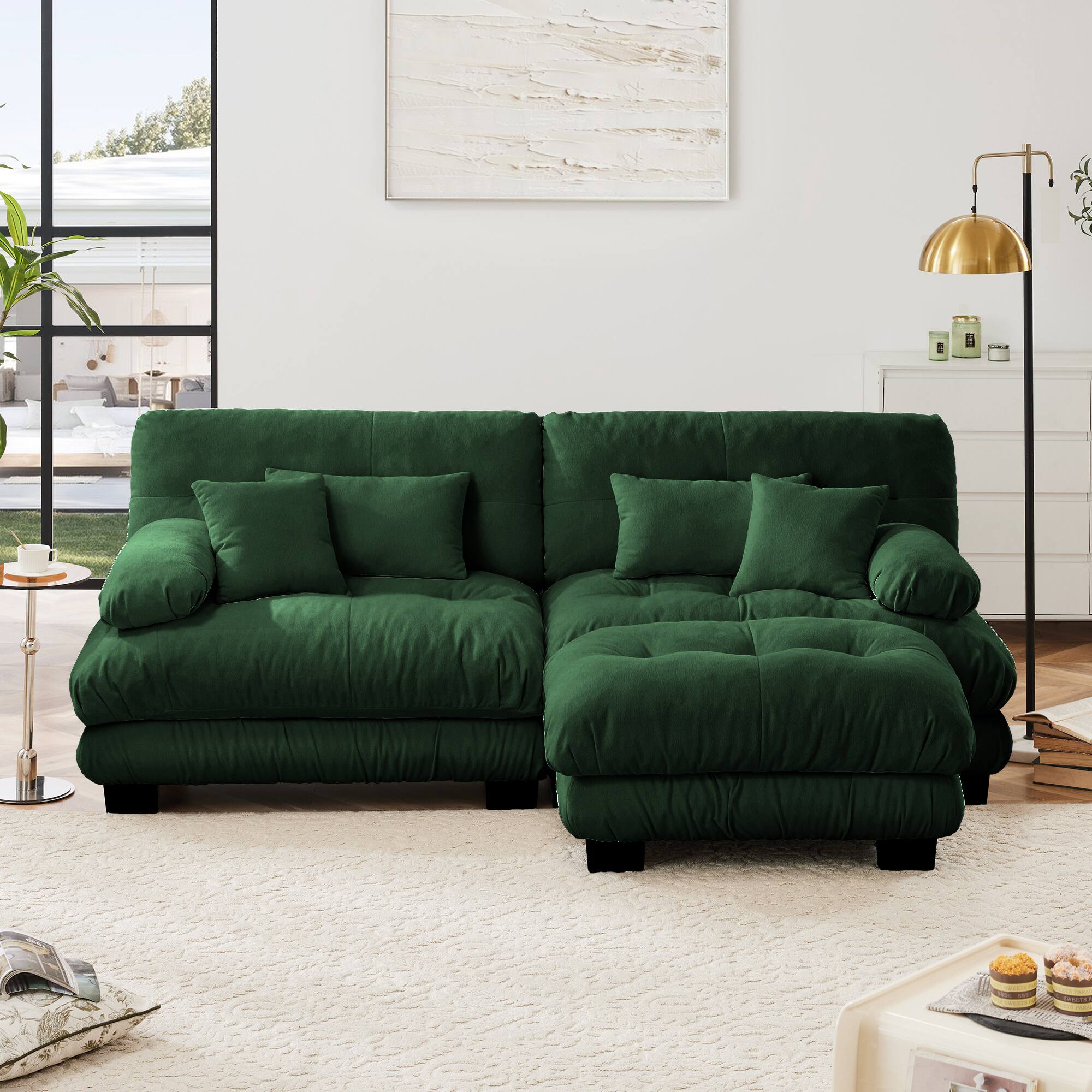 Aukfa - Oversize Modern Two-Seater Sofa with Ottoman - Velvet with Round Bolster Armrests, Waist Pillow, for Living Room/Bedroom - Green
