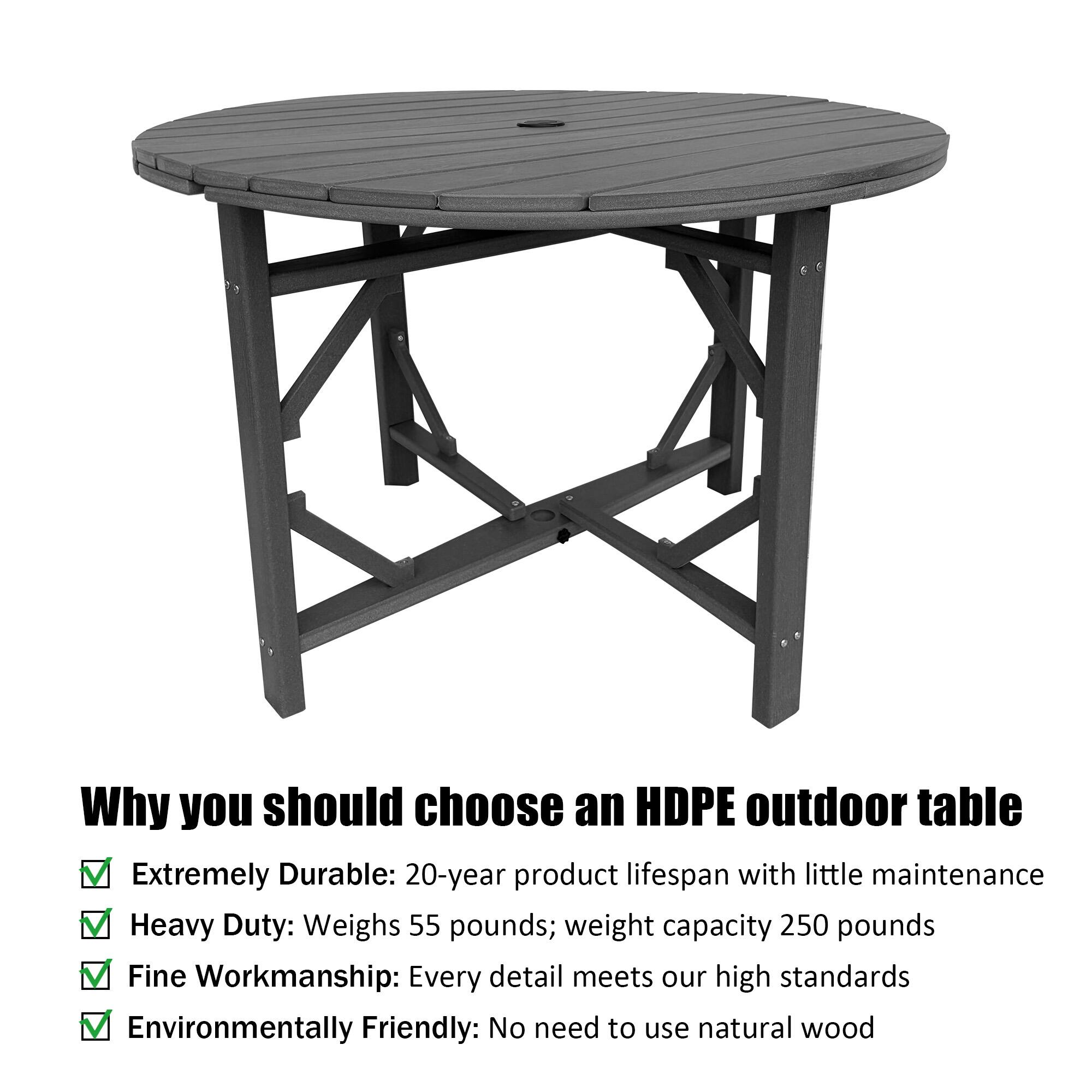 Why you should choose an HDPE outdoor table

- Extremely Durable: 20-year product lifespan with little maintenance
- Heavy Duty: Weighs 55 pounds; weight capacity 250 pounds
- Fine Workmanship: Every detail meets our high standards
- Environmentally Friendly: No need to use natural wood