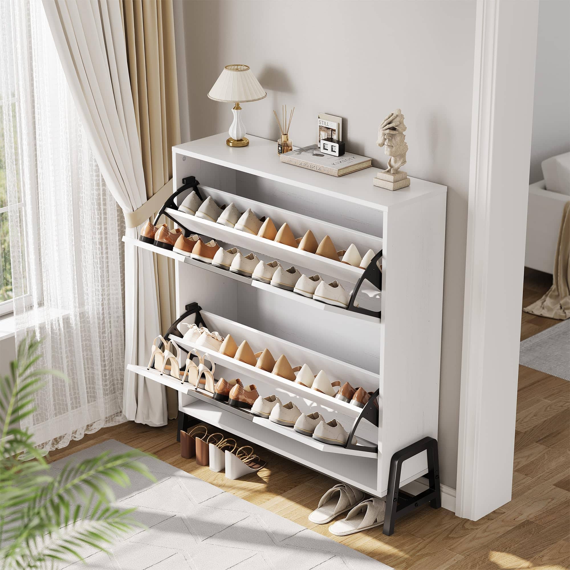 Babevy - Shoe Storage Cabinet with 2 Flip Drawers, Freestanding Shoe Organizer with Metal Legs, Narrow Shoe Rack Cabinet - White