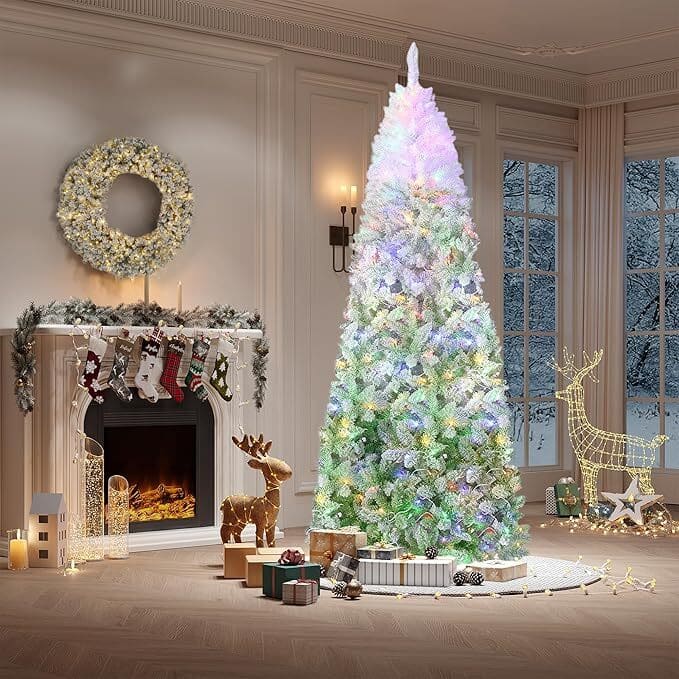 Qeetex - 6ft Snow Flocked Pencil Christmas Tree, with Sturdy Metal Stand, Skinny Xmas Tree Holiday Decoration for Home - Green