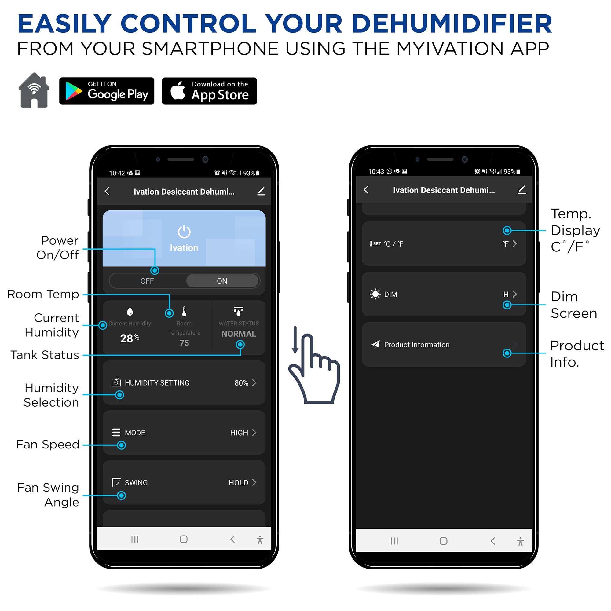 EASILY CONTROL YOUR DEHUMIDIFIER FROM YOUR SMARTPHONE USING THE MYIVATION APP

GET IT ON Google Play Download on the App Store

- Power On/Off
- Room Temp
- Current Humidity
- Tank Status
- Humidity Selection
- Fan Speed
- Fan Swing Angle

Temp. Display C/F*
Dim Screen
Product Info.