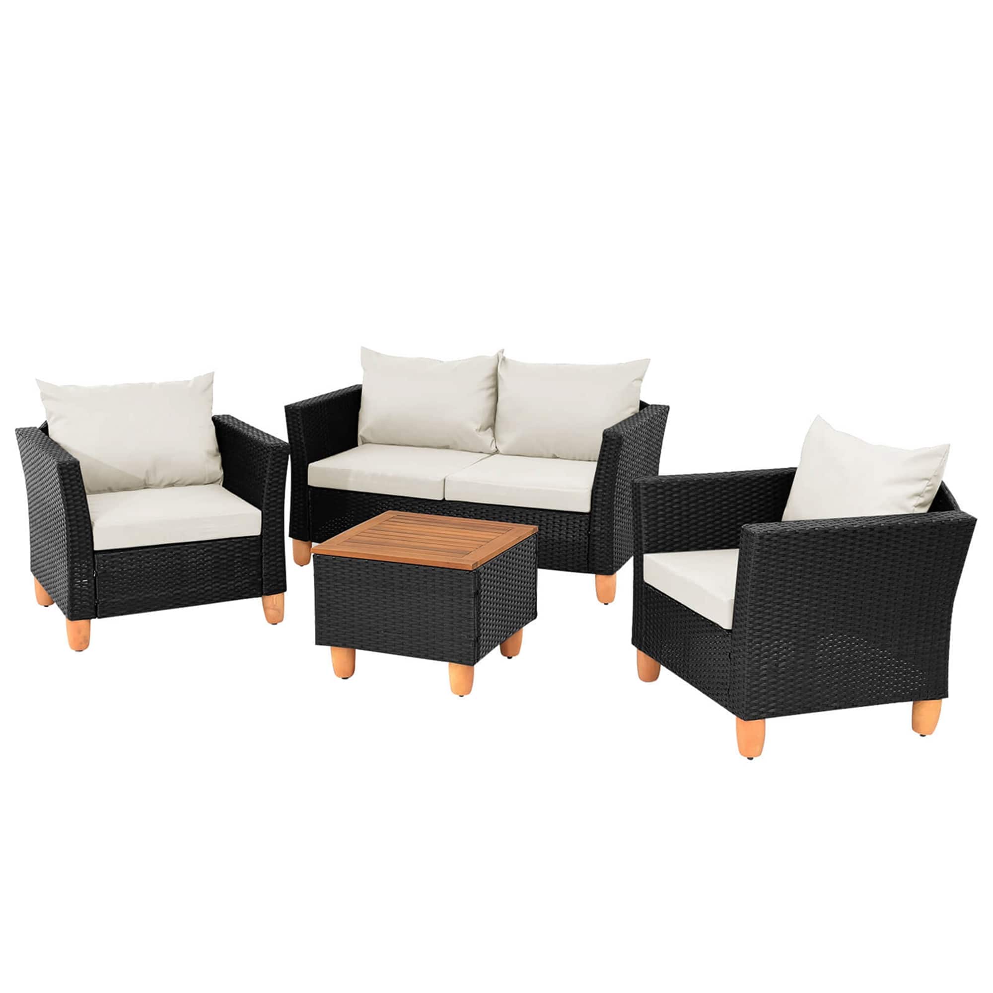 Front. Costway - 4 PCS Wicker Patio Furniture Set with Removable Cushions Storage Coffee Table - White.