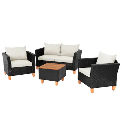 Front. Costway - 4 PCS Wicker Patio Furniture Set with Removable Cushions Storage Coffee Table - White.