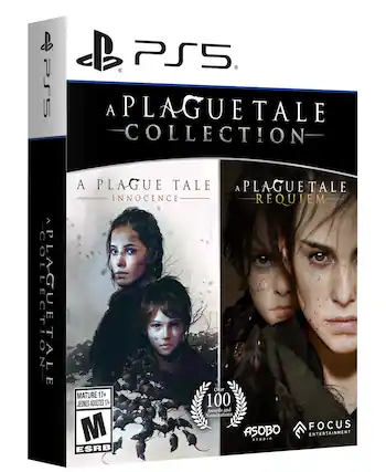 The text on the image reads: "PS5. A Plague Tale Collection. A Plague Tale: Innocence. A Plague Tale: Requiem. Over 100 Awards and Nominations. Mature 17+. Jeunes Adultes 17+. Focus Home Interactive. Asobo Studio. ESRB." - M (Mature 17+)
