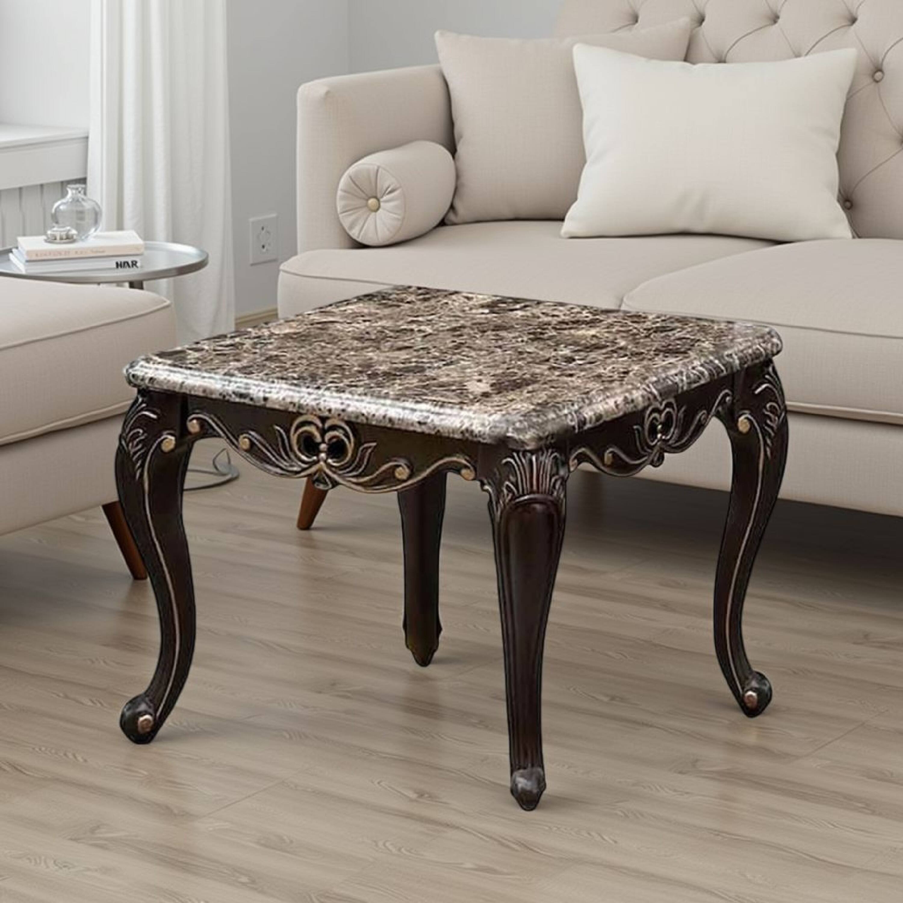 Alt View 5. Manhattan Lane - Ery End Table, Dark Walnut Brown Wood, Carved Details, 28 Inch - Walnut Brown, Gold.