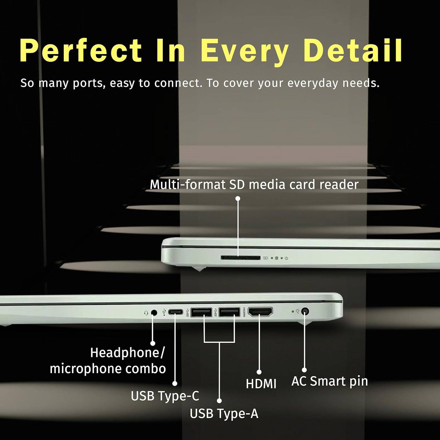 Perfect In Every Detail  
So many ports, easy to connect. To cover your everyday needs.  

Multi-format SD media card reader  
Headphone/ microphone combo  
USB Type-C  
USB Type-A  
HDMI  
AC Smart pin