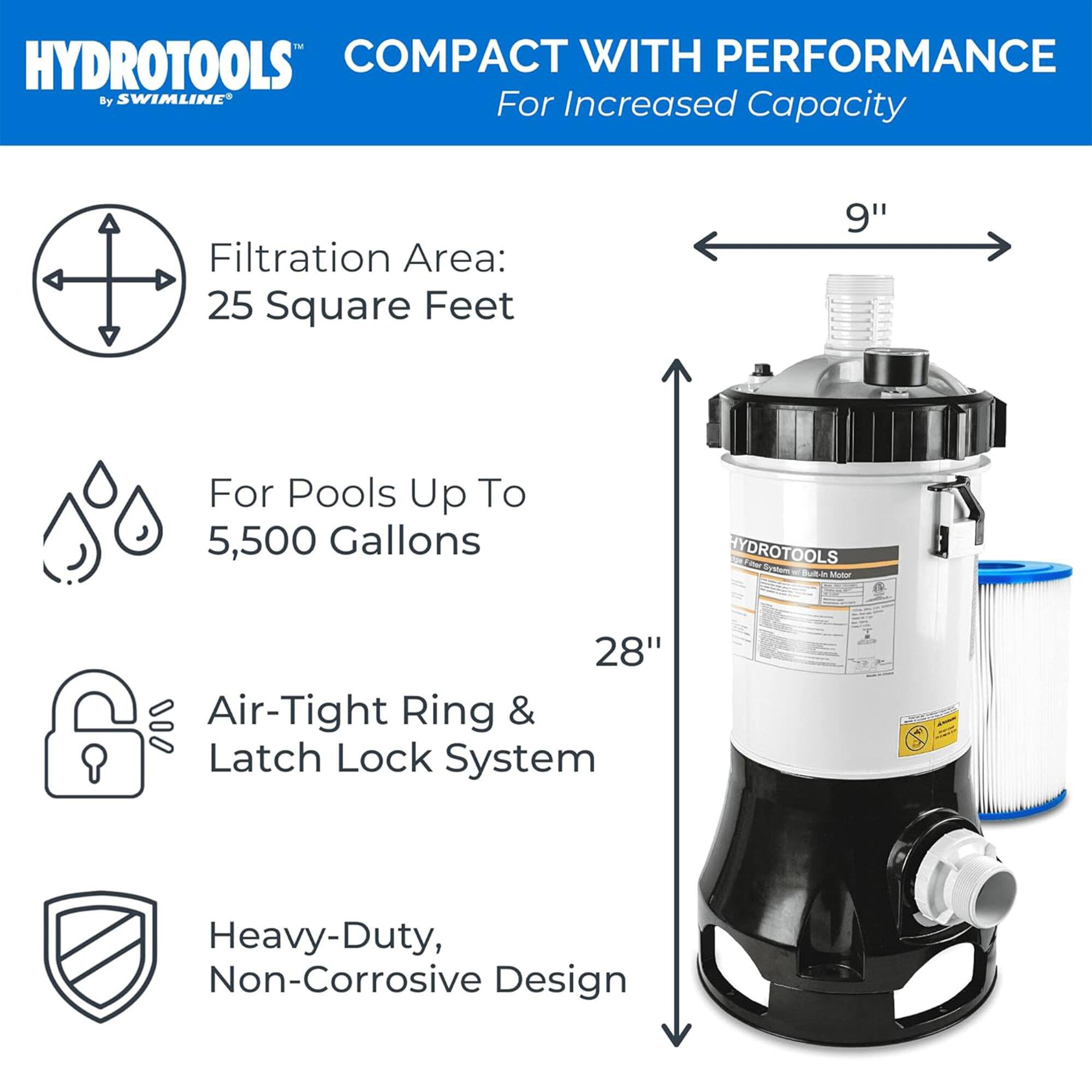 HYDROTOOLS™ by SWIMLINE®

COMPACT WITH PERFORMANCE  
For Increased Capacity

- Filtration Area: 25 Square Feet
- For Pools Up To 5,500 Gallons
- Air-Tight Ring & Latch Lock System
- Heavy-Duty, Non-Corrosive Design

Dimensions:  
- Height: 28"  
- Width: 9"