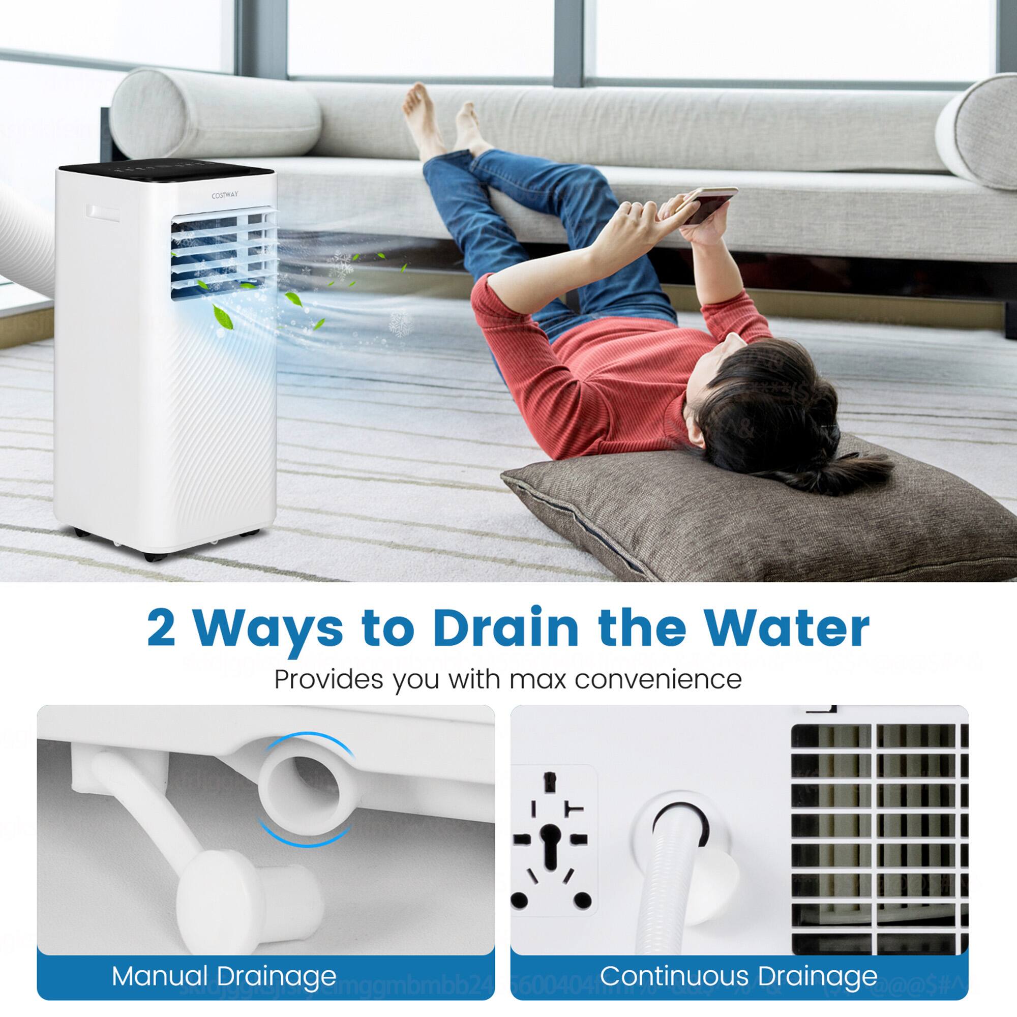 The image features a person lying on a couch, using a cell phone. The image also showcases a white appliance, possibly an air conditioner, with a blue label on it. The label suggests that the appliance has two ways to drain the water, providing the user with maximum convenience. The appliance is described as having a manual drainage and continuous drainage feature.