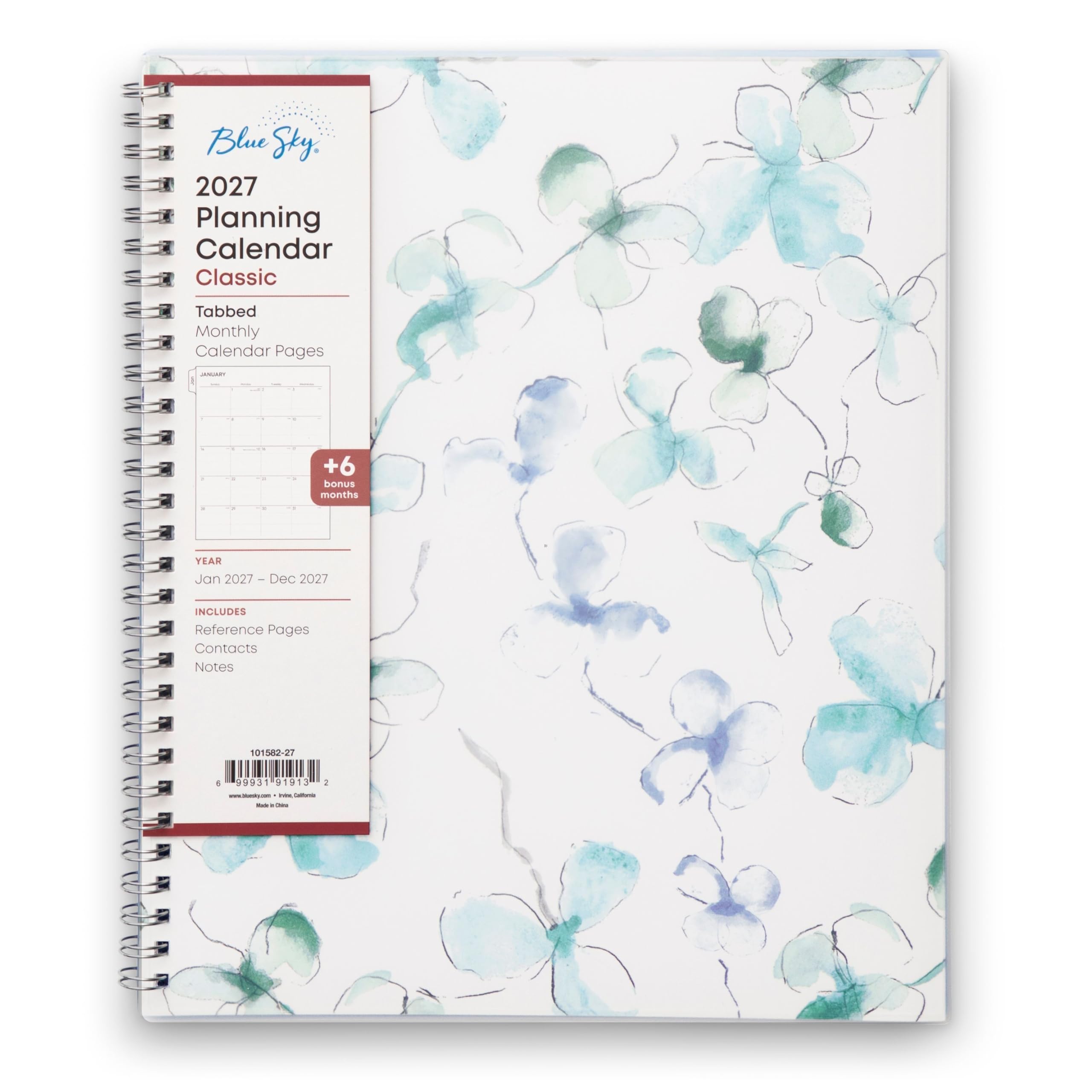 Blue Sky. 2027 Planning Calendar Classic  
Tabbed Monthly Calendar Pages  
+6 bonus months  
YEAR Jan 2027 - Dec 2027  
INCLUDES Reference Pages Contacts Notes  
101582-27  
4 99931 91913 1 www.beseroky.com