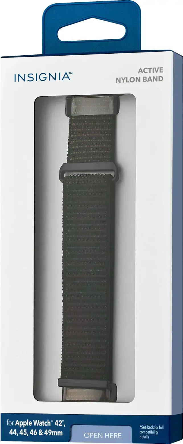 The text on the image reads: "INSIGNIA ACTIVE NYLON BAND for Apple Watch 42', 44, 45, 46 & 49mm OPEN HERE *See back for full compatibility details".