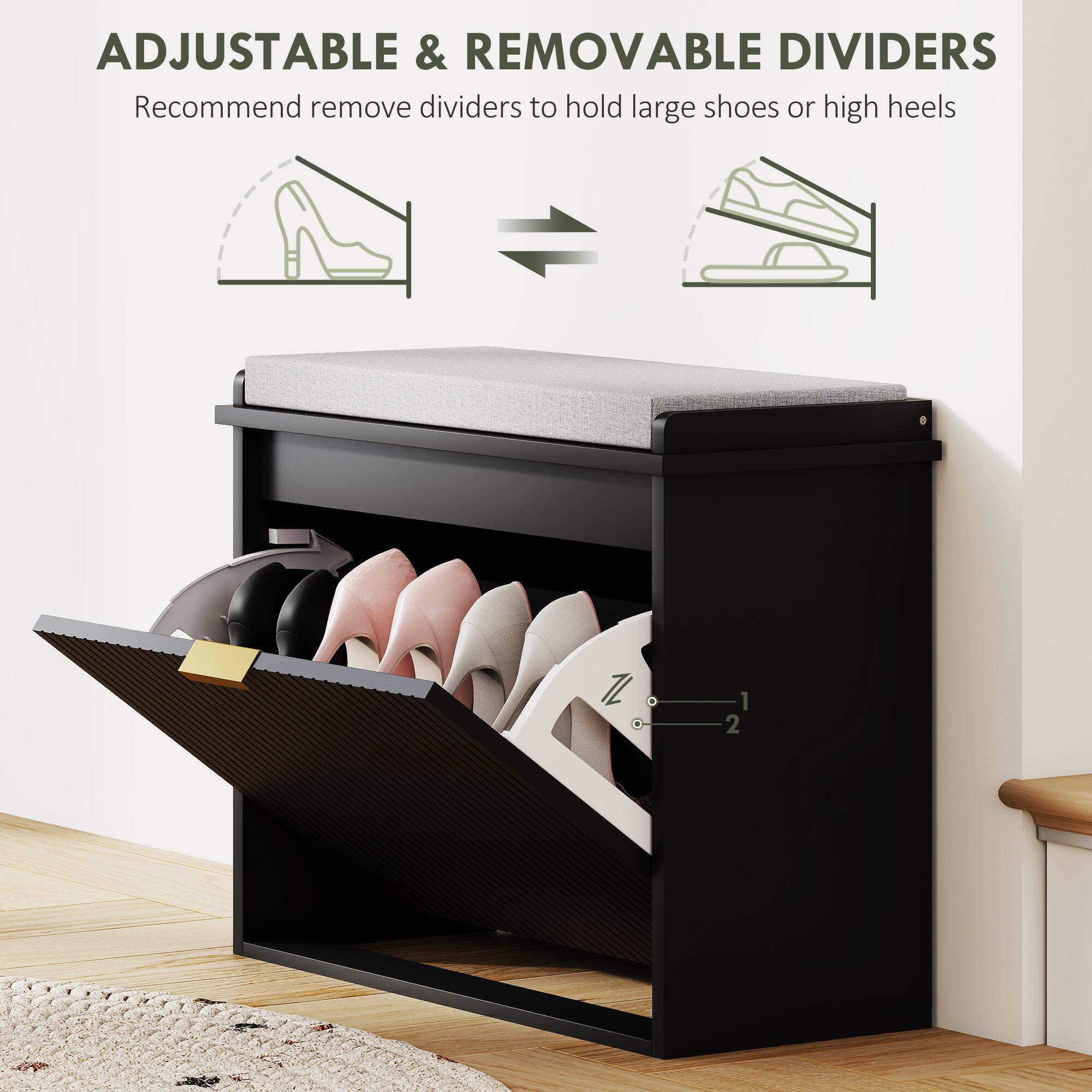ADJUSTABLE & REMOVABLE DIVIDERS Recommend remove dividers to hold large shoes or high heels Z O 1 2