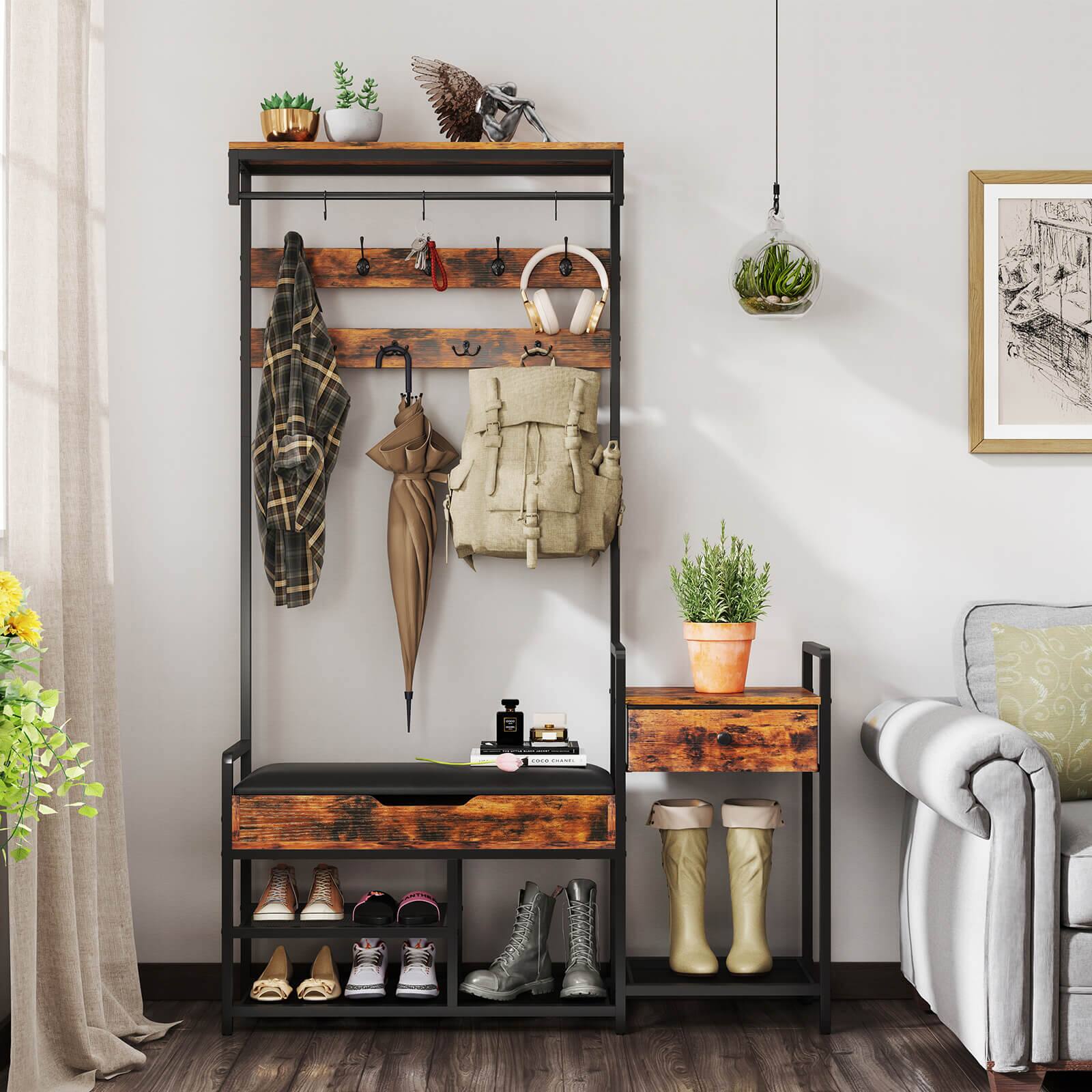 Alt View 1. Costway - Costway 70" Freestanding Coat Rack with Shoe Rack 12 Hooks Drawer & Storage Shelf - Brown.