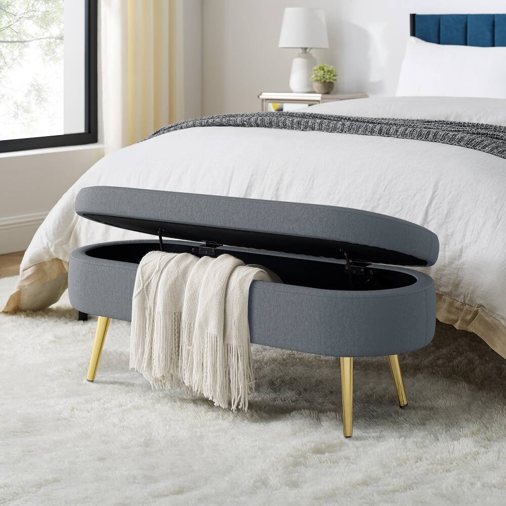 Angle. Ropilly - Ropilly Oval Storage Ottoman Bench, Dark Gray Flannel Extra Seating with Metal Legs - Dark Gray.