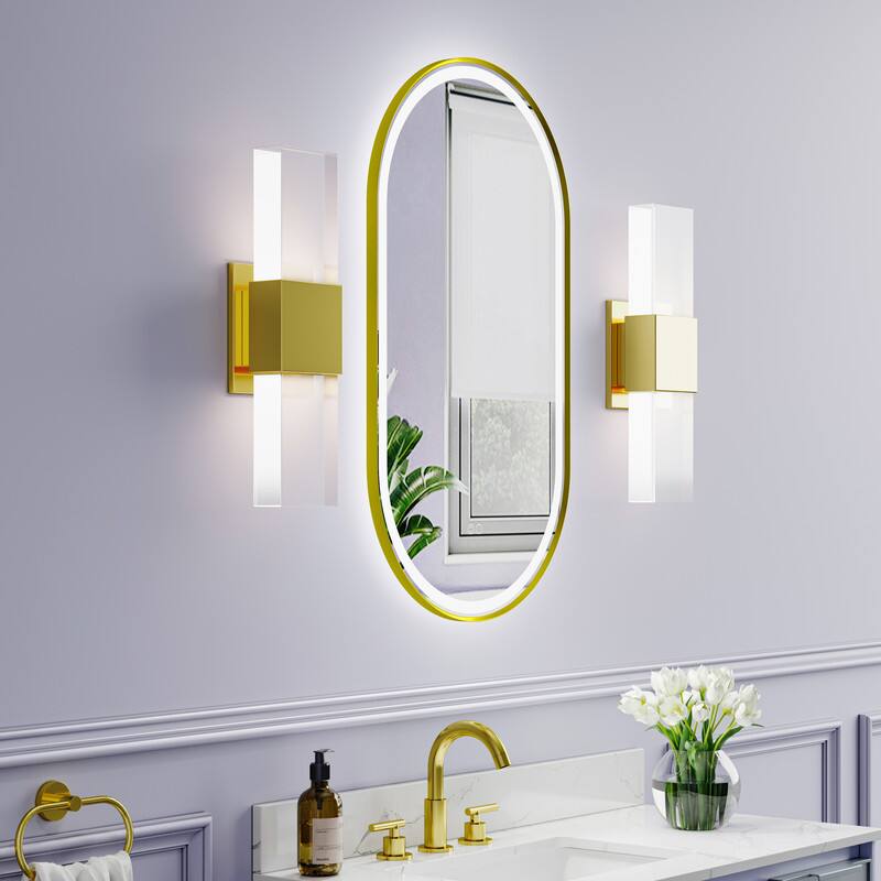 Angle. WELLFOR - 20" x 36" Oval Framed LED Bathroom Vanity Mirror with Anti-Fog, Wall-Mounted Bathroom Mirror with Front and Backlit LED - Brushed Gold.