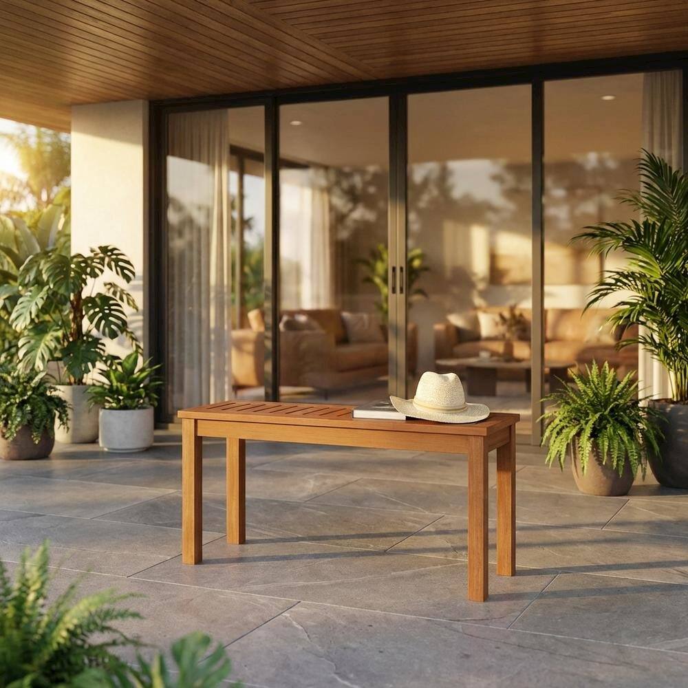 Angle. Outdoor Escape - Teak Oil Hardwood Outdoor Backless Bench With Neutral Finish For Patio Use - Natural.