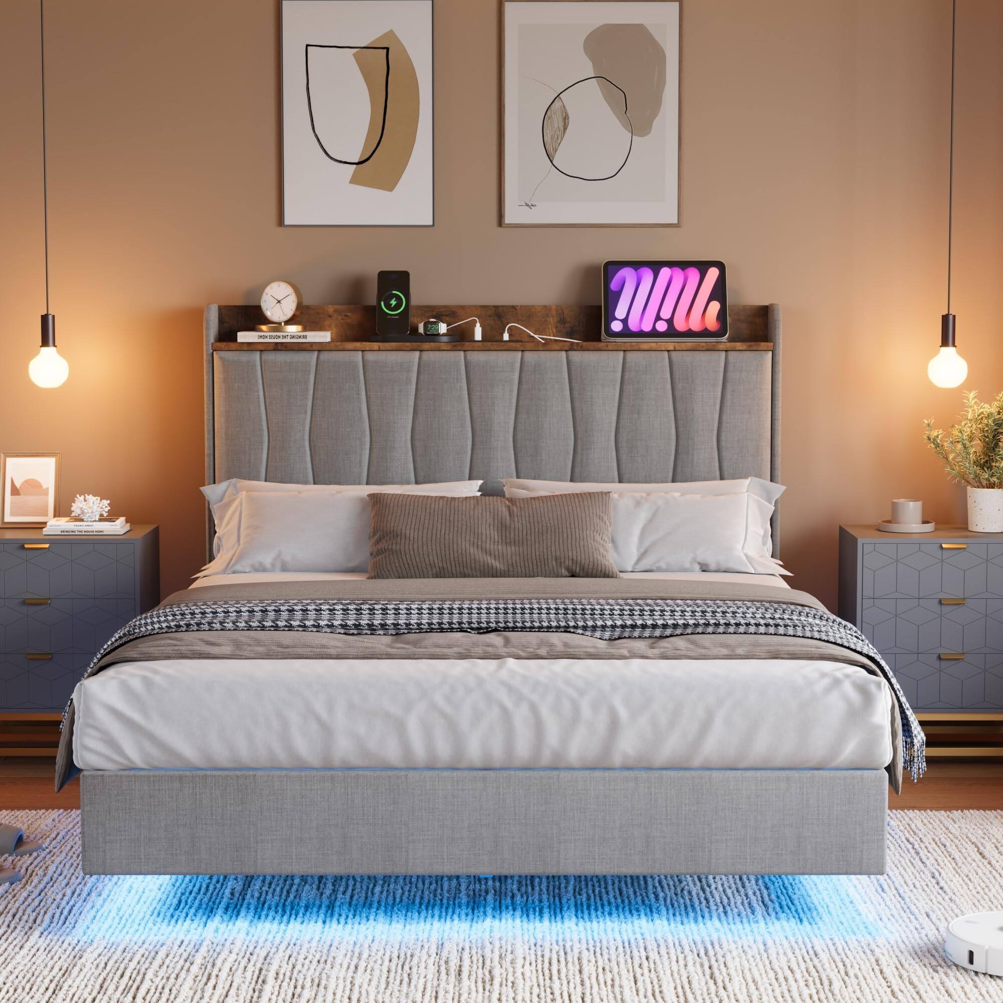 Left. Acekool - Queen Floating Bed Frame with LED Lights, Charging Station & Upholstered Storage Headboard - Gray.