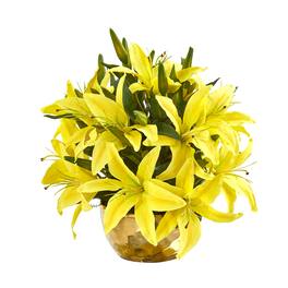 BreeBe - 14" Lily Artificial Arrangement in Gold Vase - Yellow