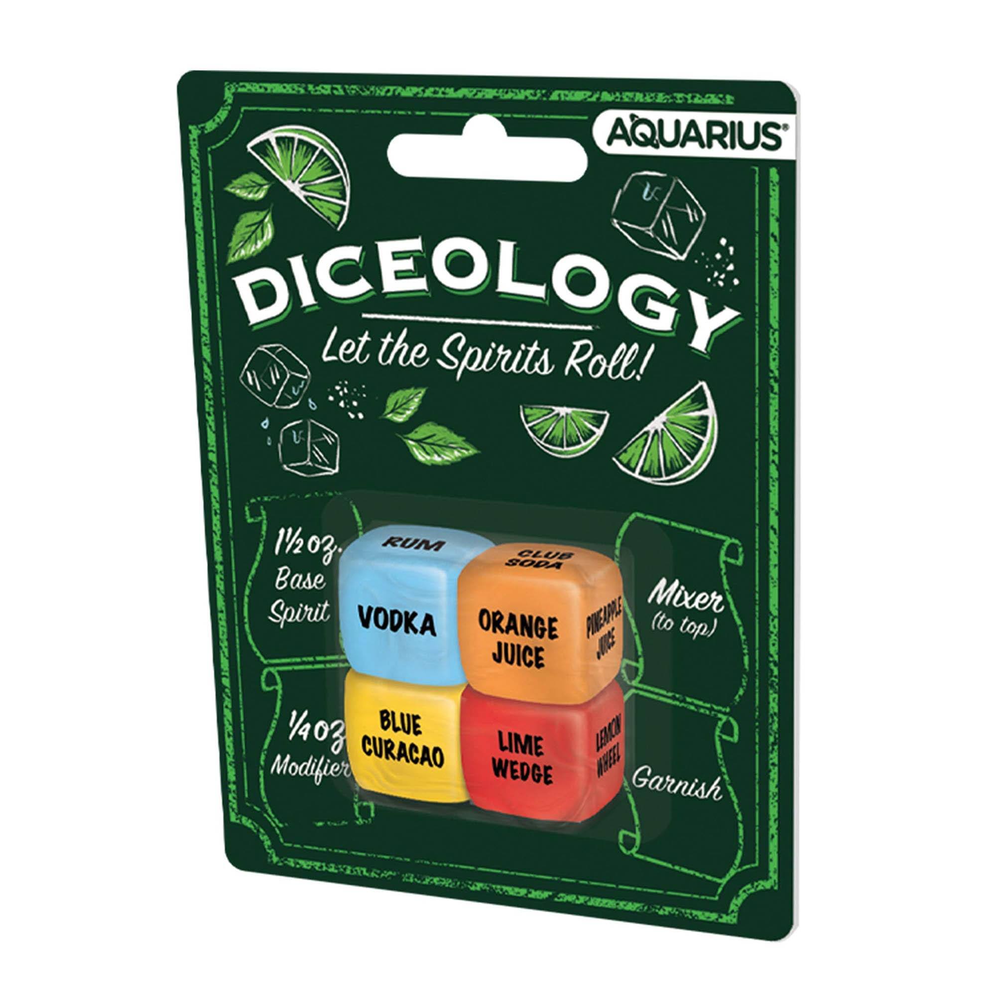 AQUARIUS DICEOLOGY Let the Spirits Roll!  
1/2 oz Base Spirit: VODKA  
1/4 oz Modifier: BLUE CURACAO  
Mixer: CLUB SODA, ORANGE JUICE, PINEAPPLE JUICE (to top)  
Garnish: LIME WEDGE