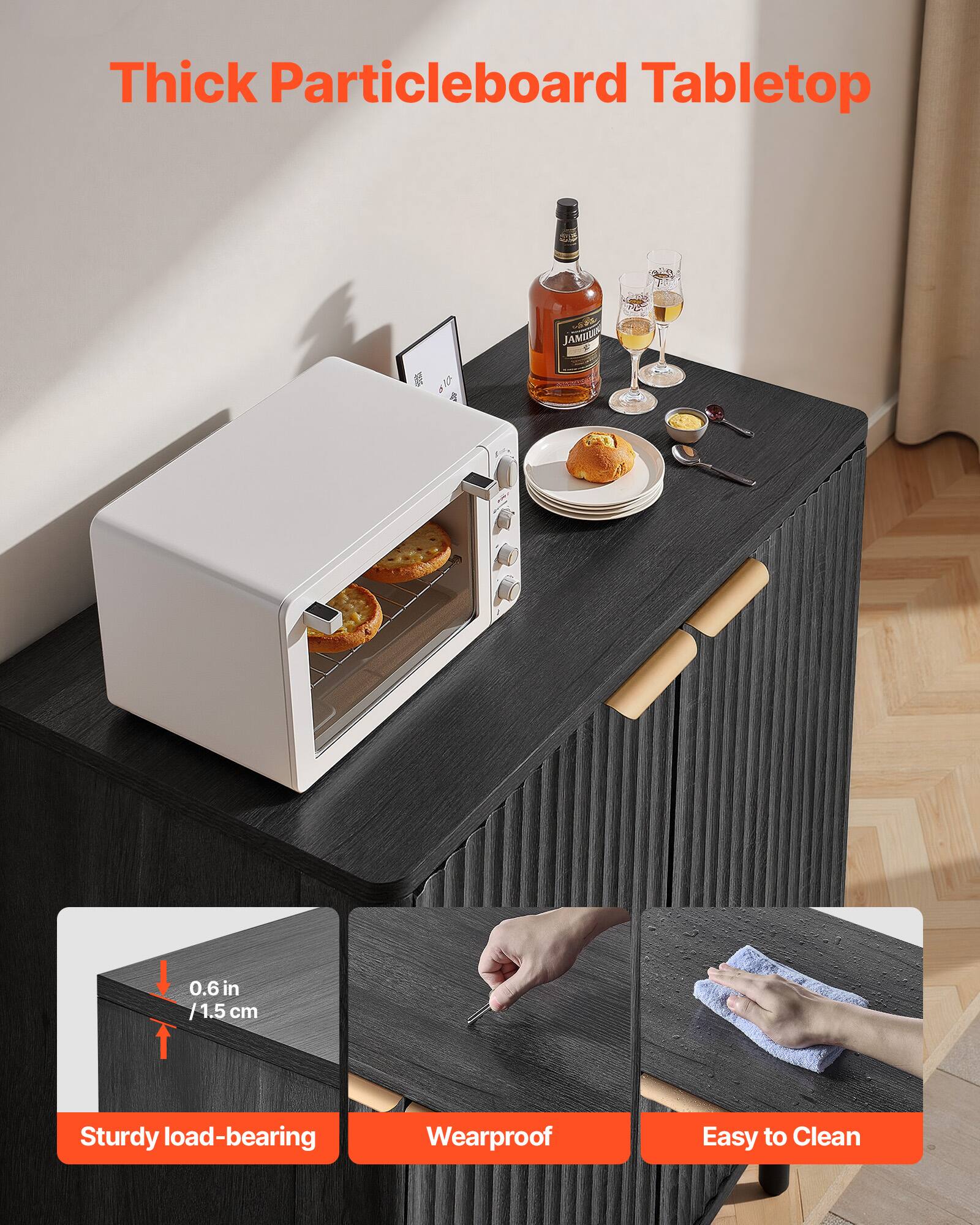 Thick Particleboard Tabletop

JAMU 0.6in / 1.5 cm

Sturdy load-bearing
Wearproof
Easy to Clean