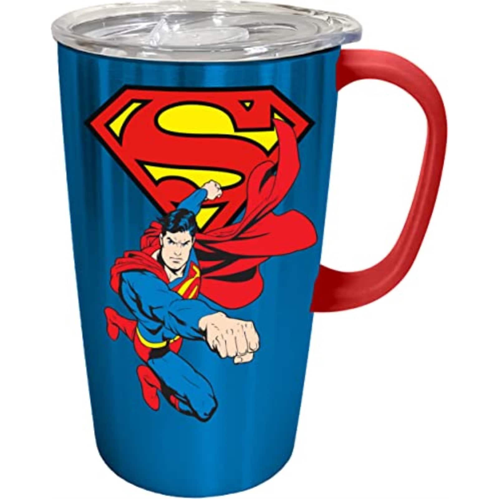 Spoontiques - DC Comics Superman Double Wall Stainless Steel Travel Mug with Handle and Sliding Lock Travel Lid 18 ounce - Blue