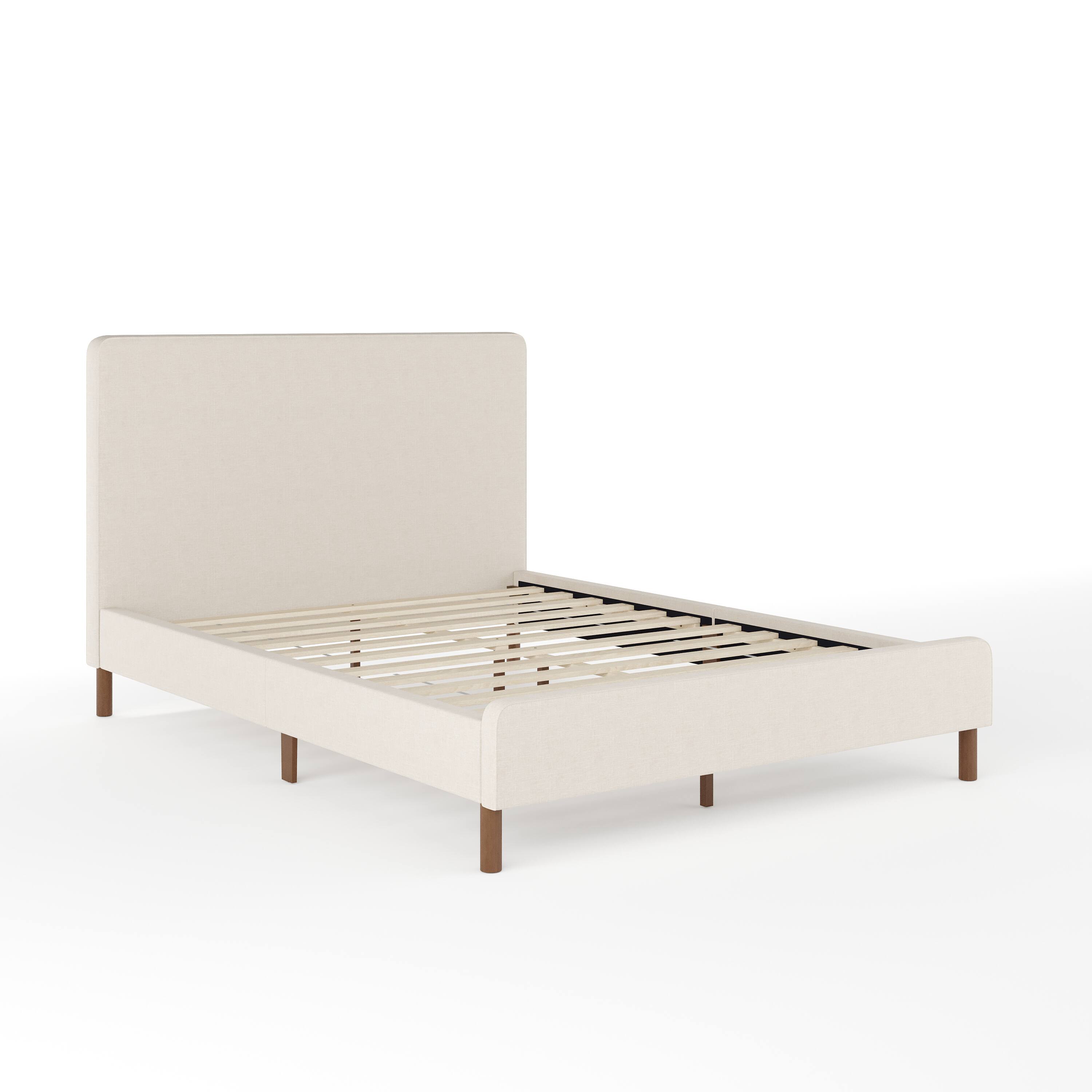 Alt View 11. Martha Stewart - Britta Faux Linen Upholstered Full Size Platform Bed with Piped Headboard - Beige Fabric/Walnut Legs.