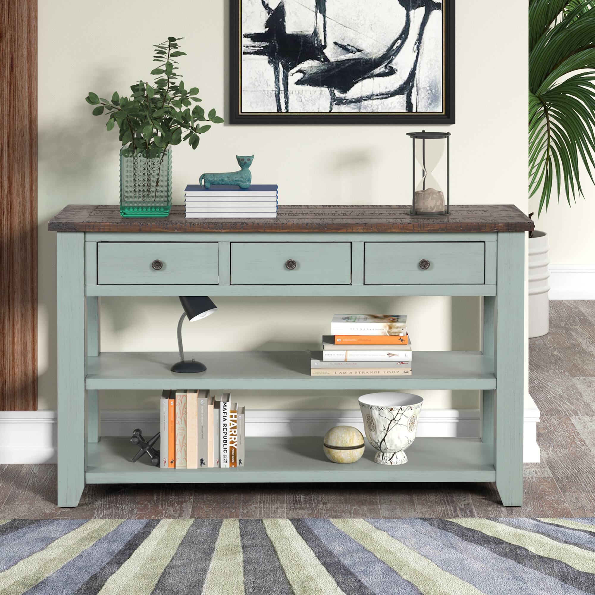 GOODSILO - Solid Wood Console Table with Storage Drawers and Shelves for Entryway, Living Room, or Bedroom - Retro Blue