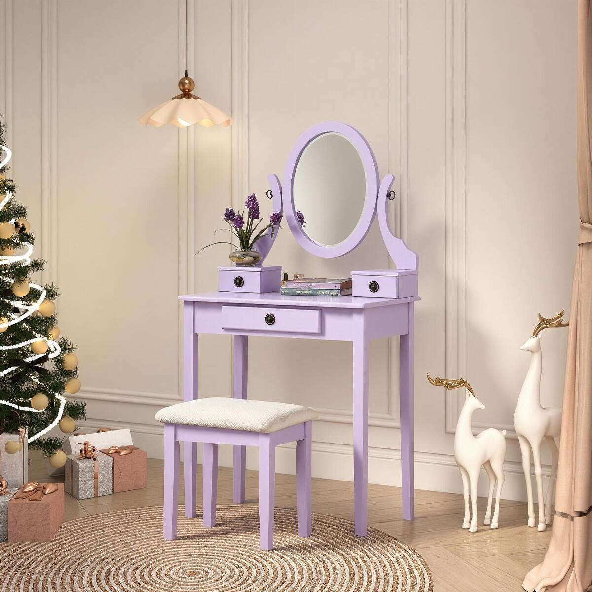 Front. Loheer - Loheer Purple Wood Makeup Vanity Set with Stool and Adjustable Oval Mirror - Purple.