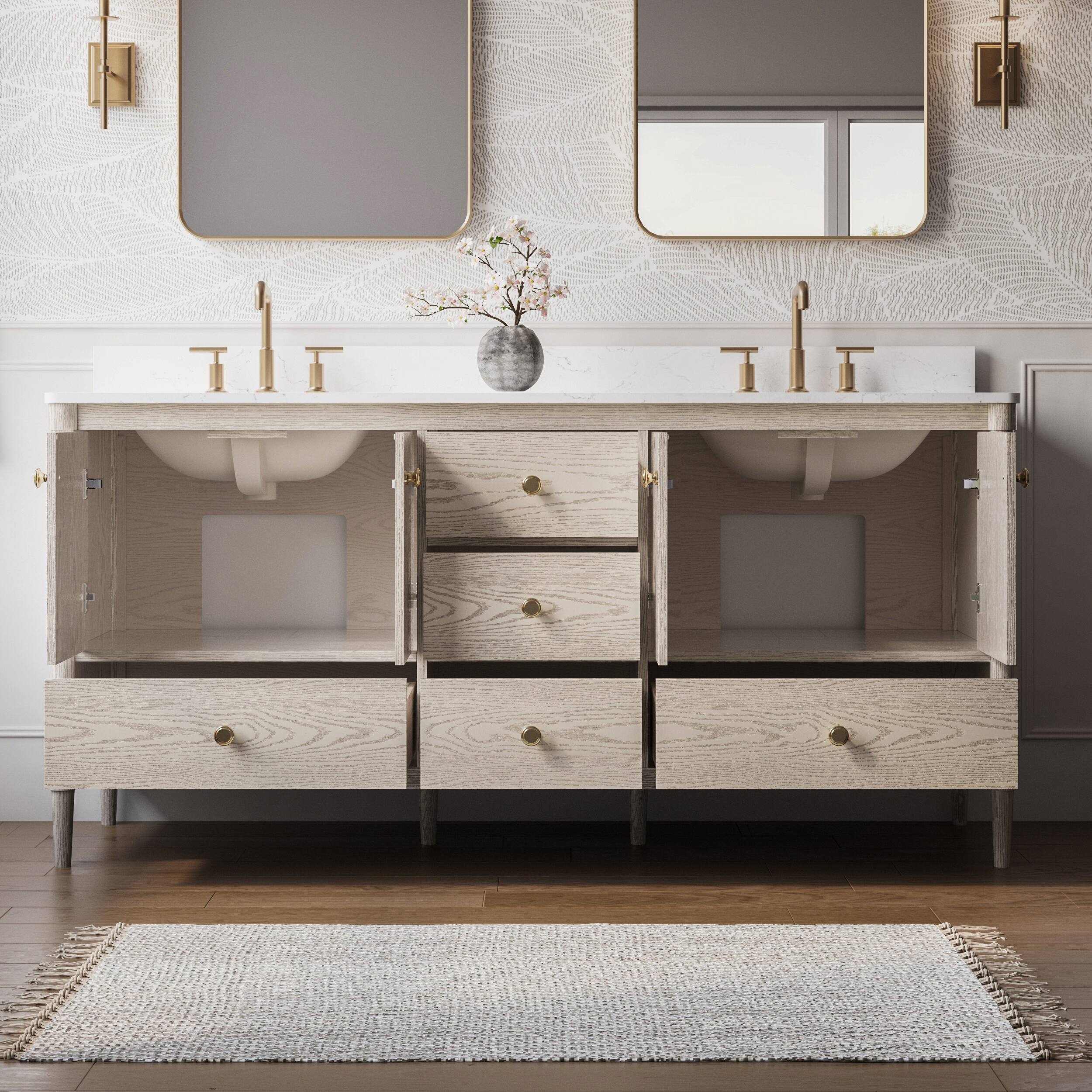 Back. WELLFOR - ETHAN 72 in. Solid Wood Bath Vanity with Quartz Top, Double Sink, Soft Close, Assembled - OAK.
