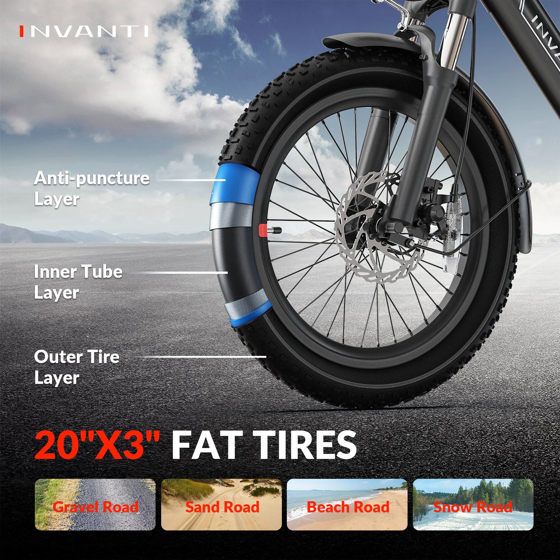 NVANTI

Anti-puncture Layer  
Inner Tube Layer  
Outer Tire Layer  

20"X3" FAT TIRES  

Gravel Road  
Sand Road  
Beach Road  
Snow Road