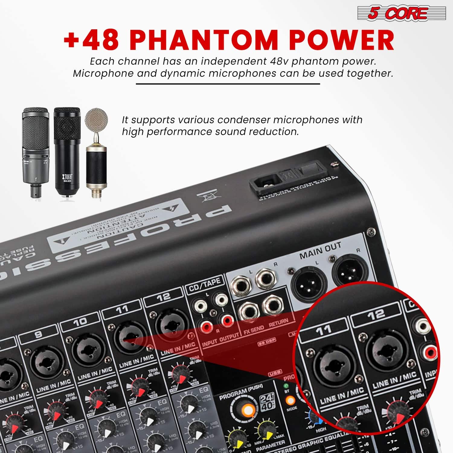 5 CORE Audio Mixer 12 Channel DJ Soundboard USB Interface