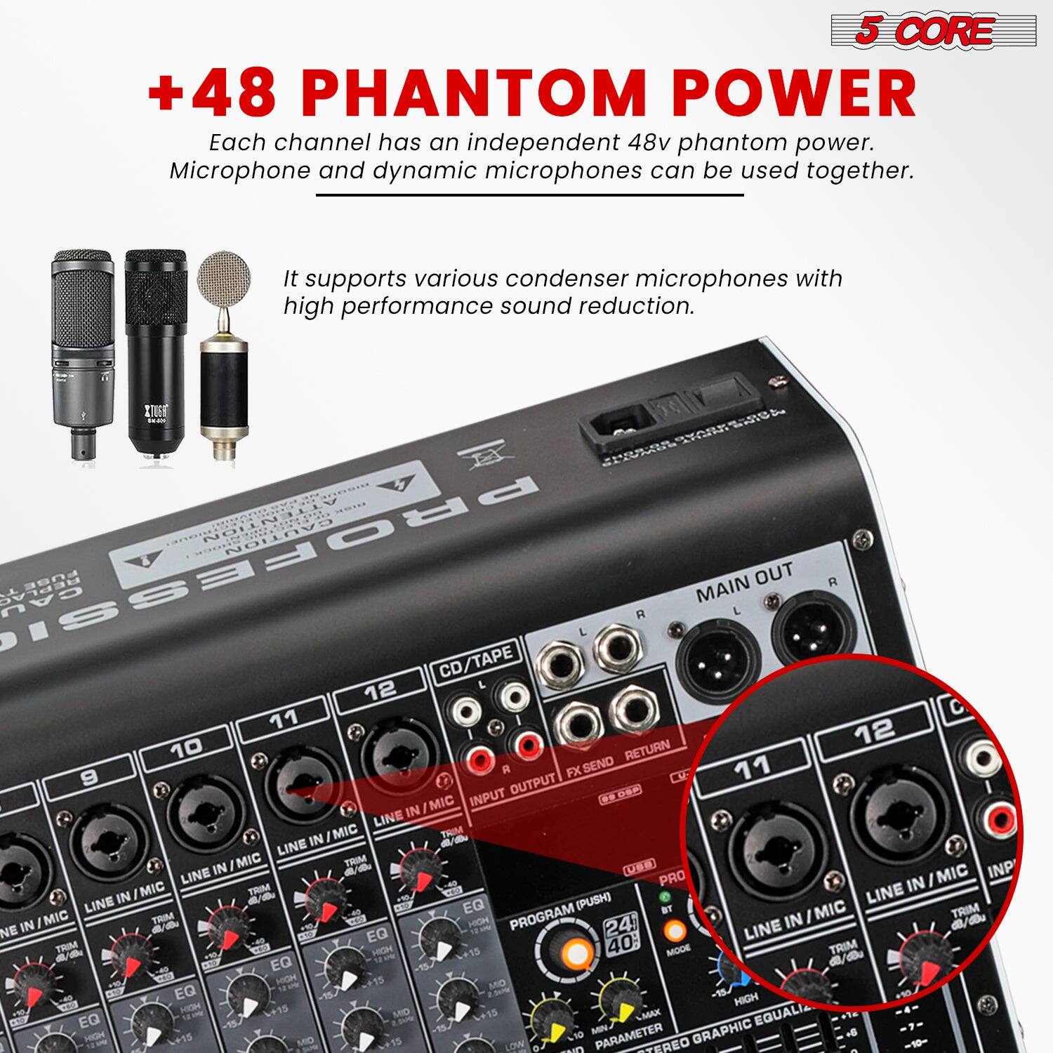 5 CORE

+48 PHANTOM POWER

Each channel has an independent 48v phantom power. Microphone and dynamic microphones can be used together.

It supports various condenser microphones with high performance sound reduction.

MAIN OUT

CD/TAP

INPUT FX SEND RETURN

LINE IN/MIC

EQ

PROGRAM (PUSH)

24

40

PARAMETER GRAPHIC EQUALIZER

HIGH

EQUALIZATION

LOW

5 CORE