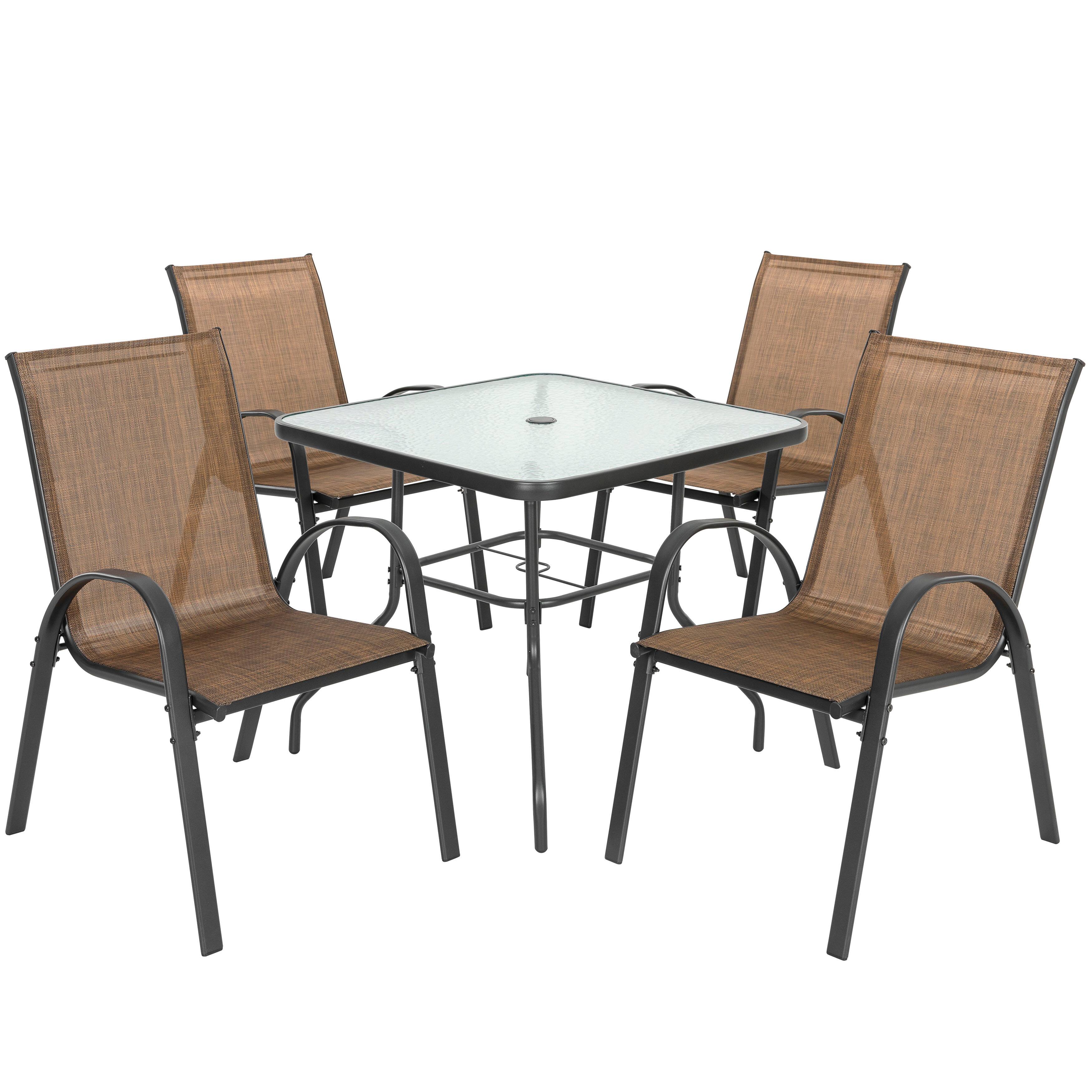 Angle. Nuu Garden - 5-Piece Metal and Textilene Square Outdoor Dining Set, 4 Stackable Chairs and Tempered Glass Table with Umbrella Hole - Brown and Transparent.