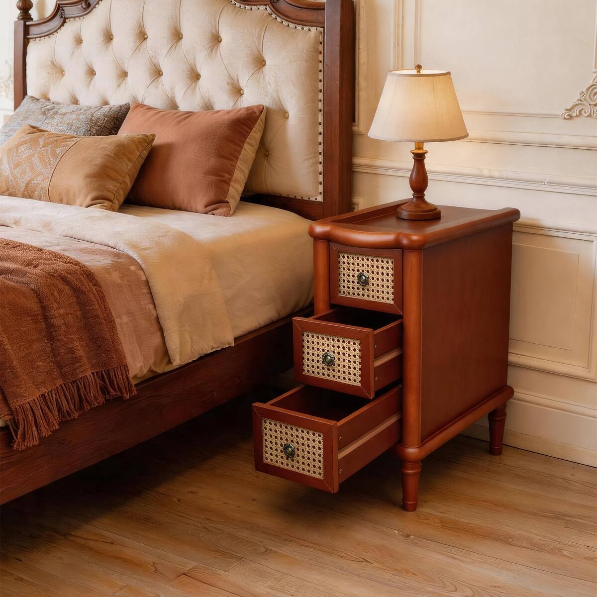 Angle. Loheer - Loheer Rattan Nightstand with Three Drawers, Narrow Walnut Bedside Table - Walnut.