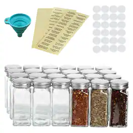 Oumilen - 24-Pack Glass Spice Jars with Silver Metal Lids, 4 oz Square Seasoning Containers for Kitchen Organization