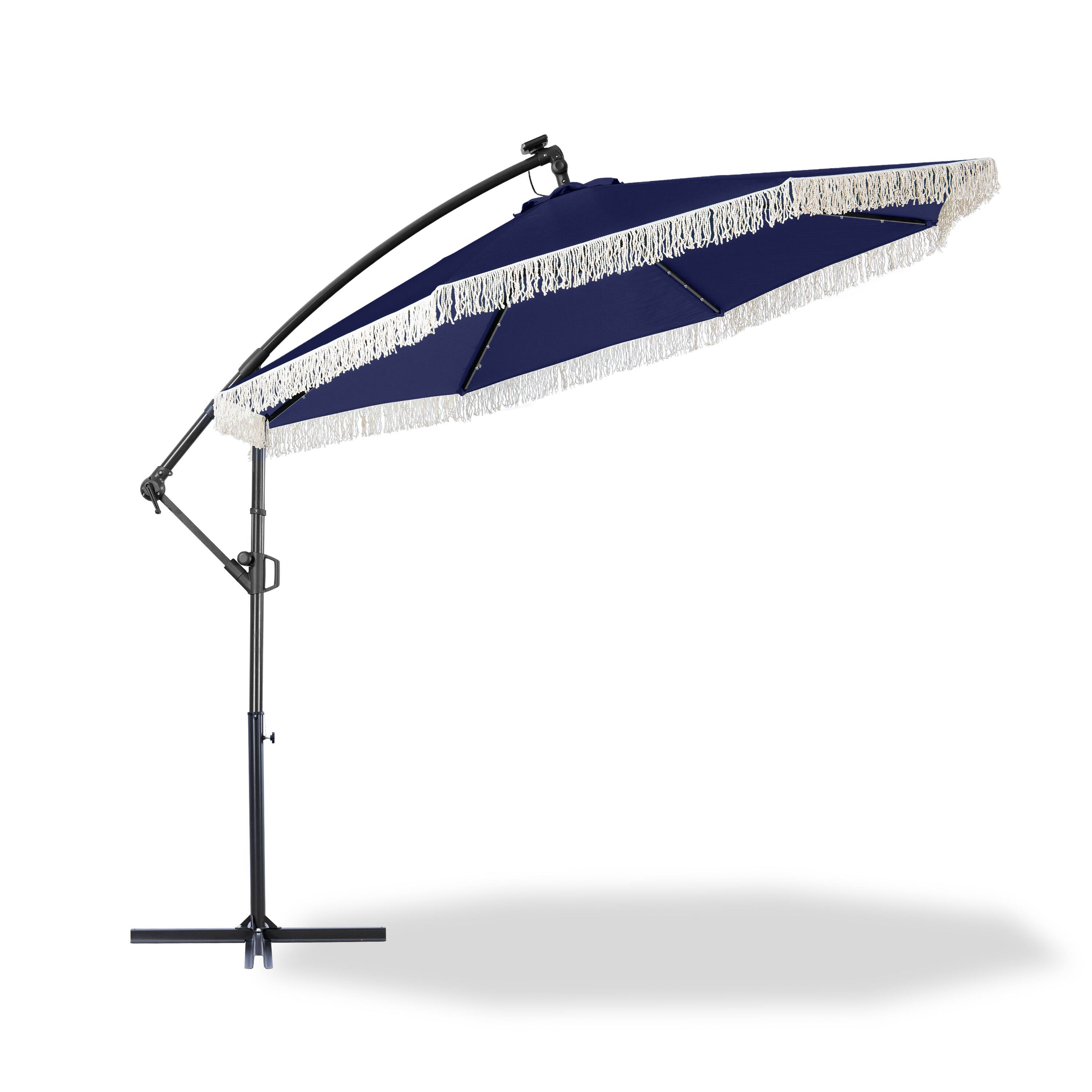 Angle. Mondawe - 10ft Patio Offset Hanging Lighted Umbrella with Tassels - Navy.
