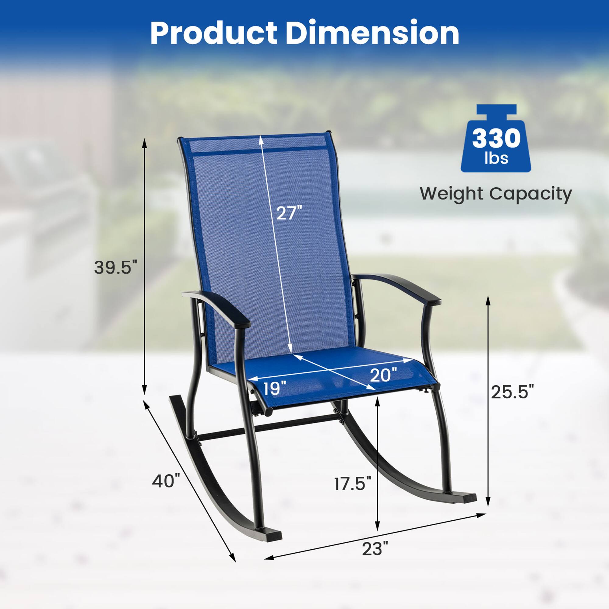 Product Dimension  
Weight Capacity: 330 lbs  
Dimensions:  
- Height: 39.5"  
- Width: 27"  
- Depth: 25.5"  
- Seat Width: 20"  
- Seat Depth: 19"  
- Armrest Height: 27"  
- Base Width: 40"  
- Base Depth: 23"  
- Leg Width: 17.5"