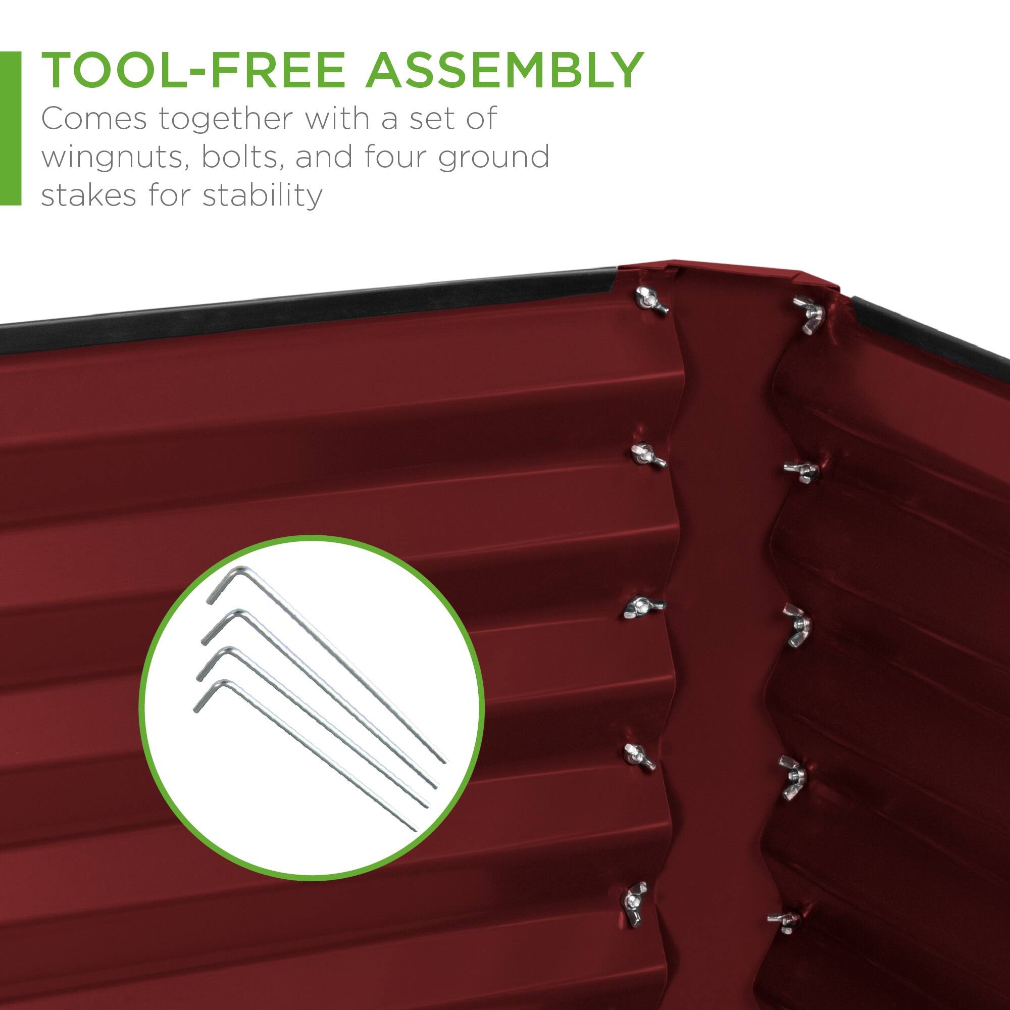 TOOL-FREE ASSEMBLY  
Comes together with a set of wingnuts, bolts, and four ground stakes for stability