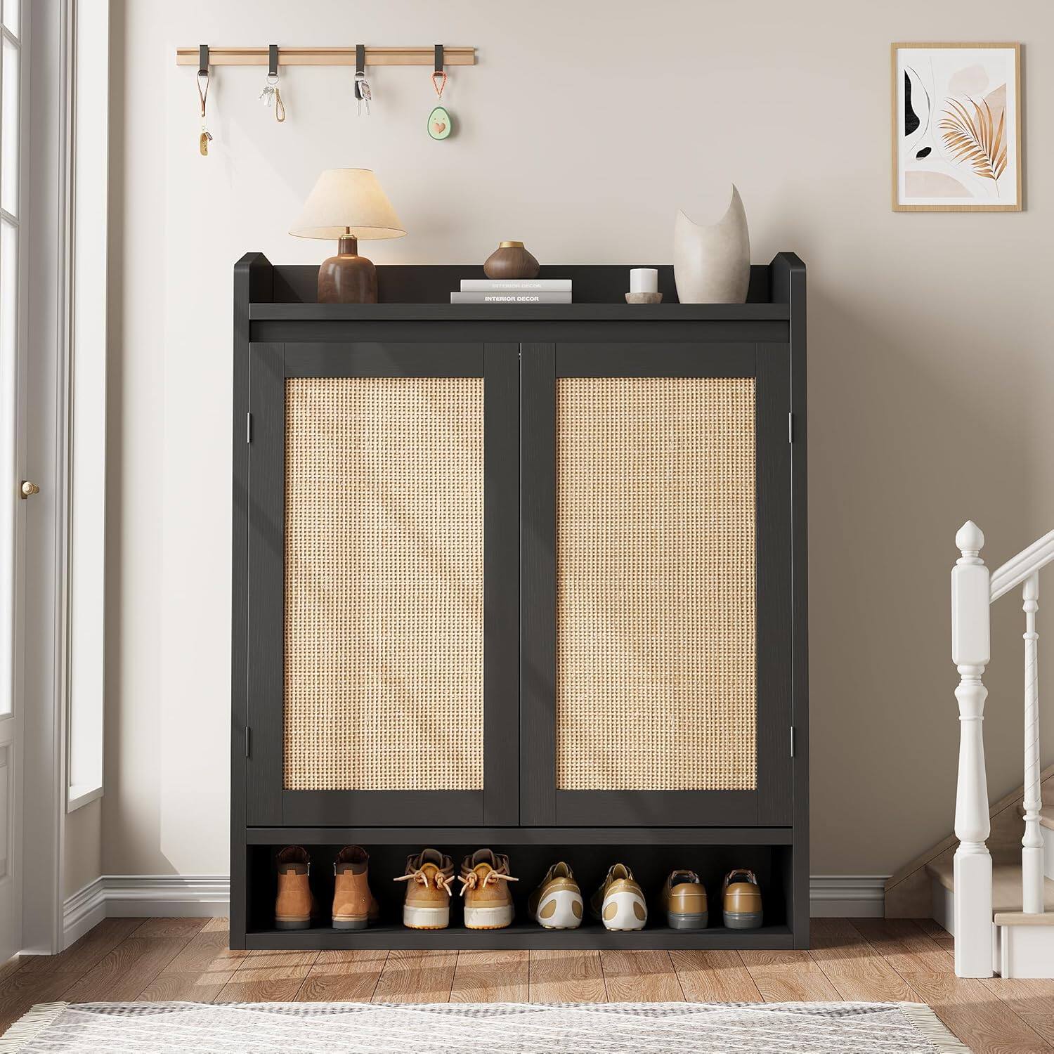 Back. Homhougo - Rattan Shoe Cabinet with 4 Tier Storage Shelves, Modern Wooden Boho with Double Doors, Tall Shoe Organizer Cabinet for - Black.