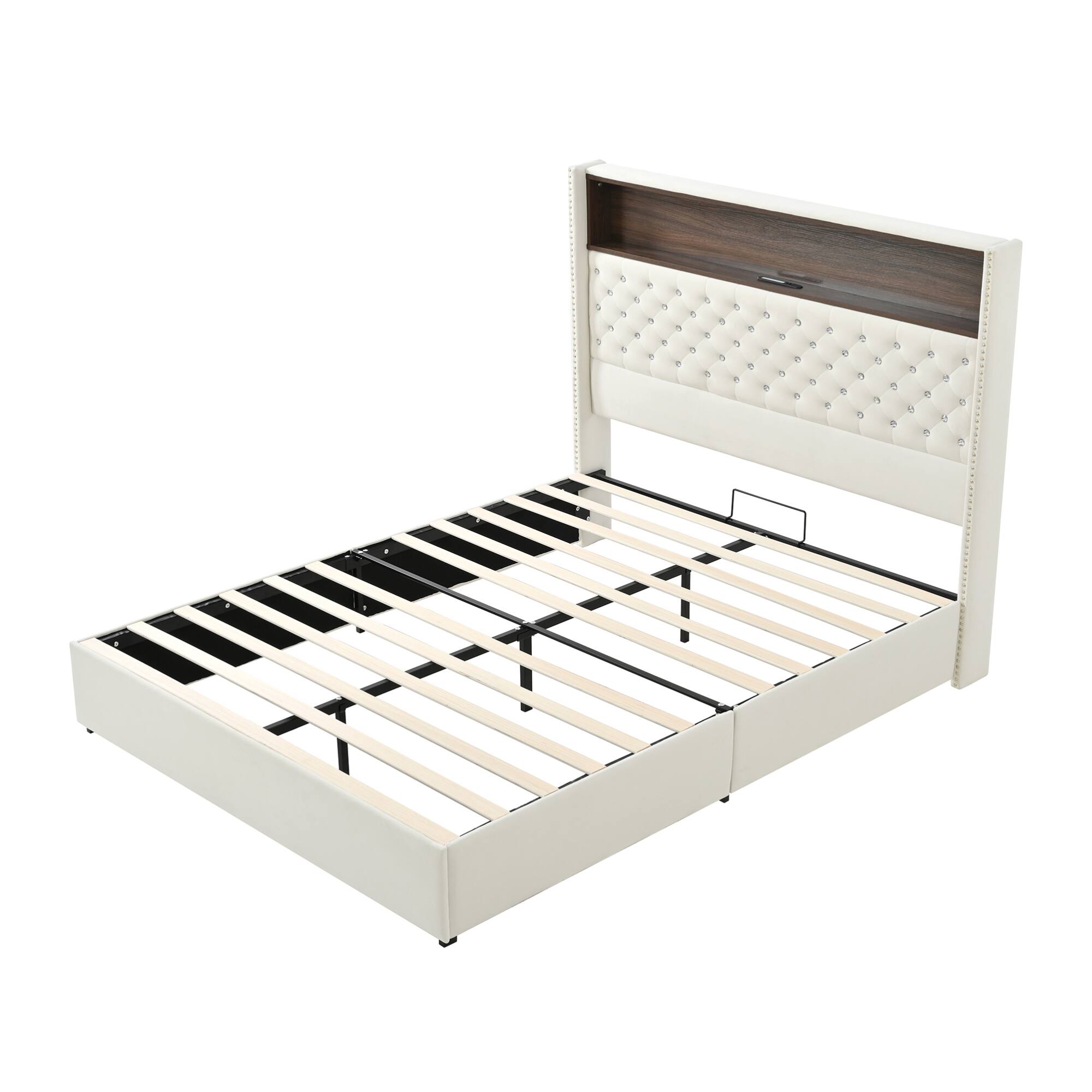 Alt View 7. GOODSILO - Luxurious Queen Size Velvet Tufted Bed Frame with USB Port and Night Light, High Headboard Platform Bed - Beige.