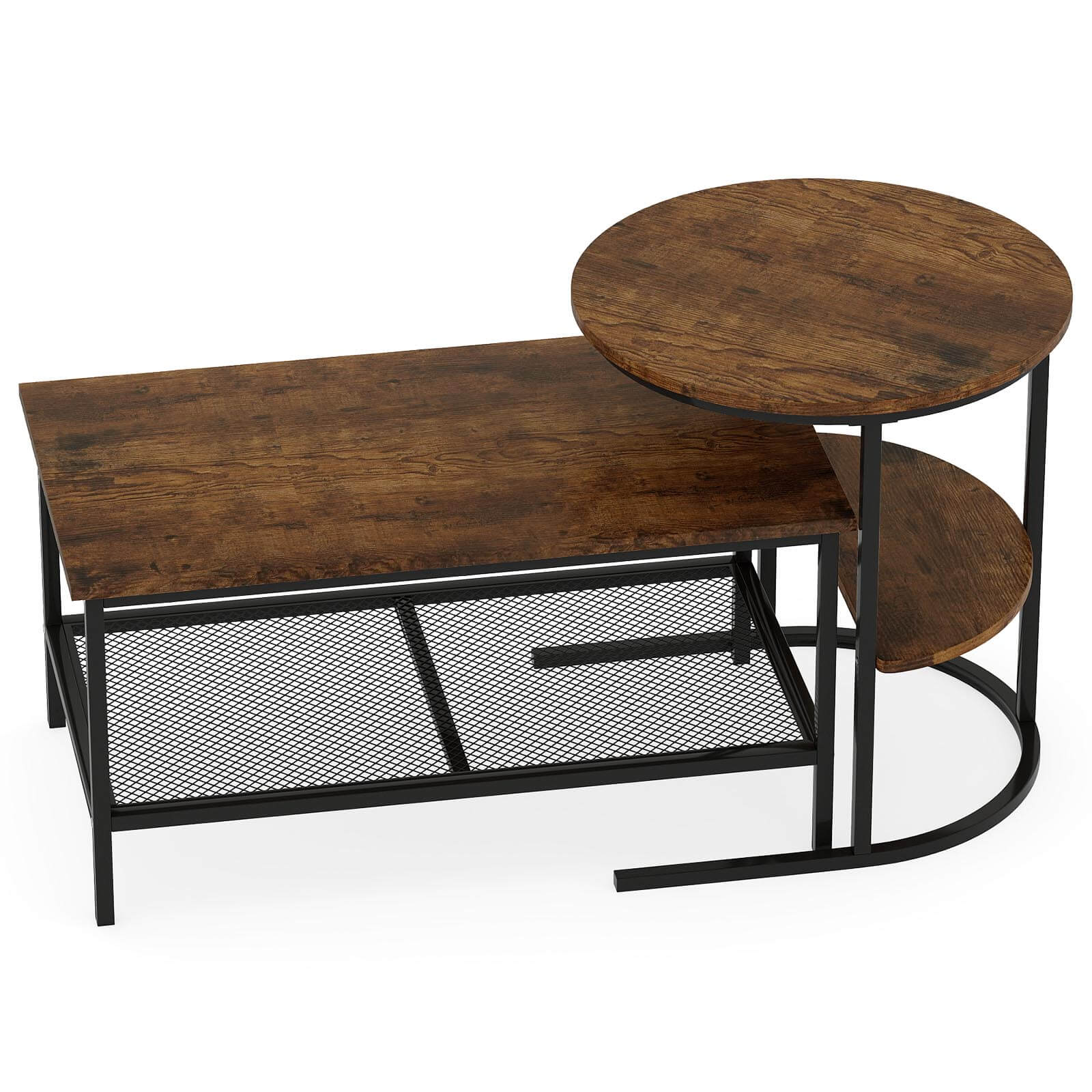 Alt View 5. Costway - Costway Industrial Coffee Table Set of 2.2-Tier Side Table with Storage Shelves&Metal Frame - Rustic Brown & Black.