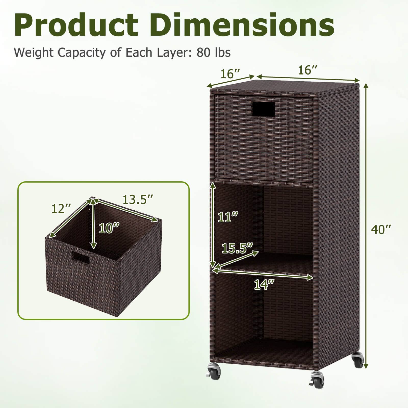 Product Dimensions  
Weight Capacity of Each Layer: 80 lbs  

- Top Layer: 16" x 16" x 12"  
- Second Layer: 13.5" x 10"  
- Third Layer: 11" x 15.5" x 14"  
- Total Height: 40"