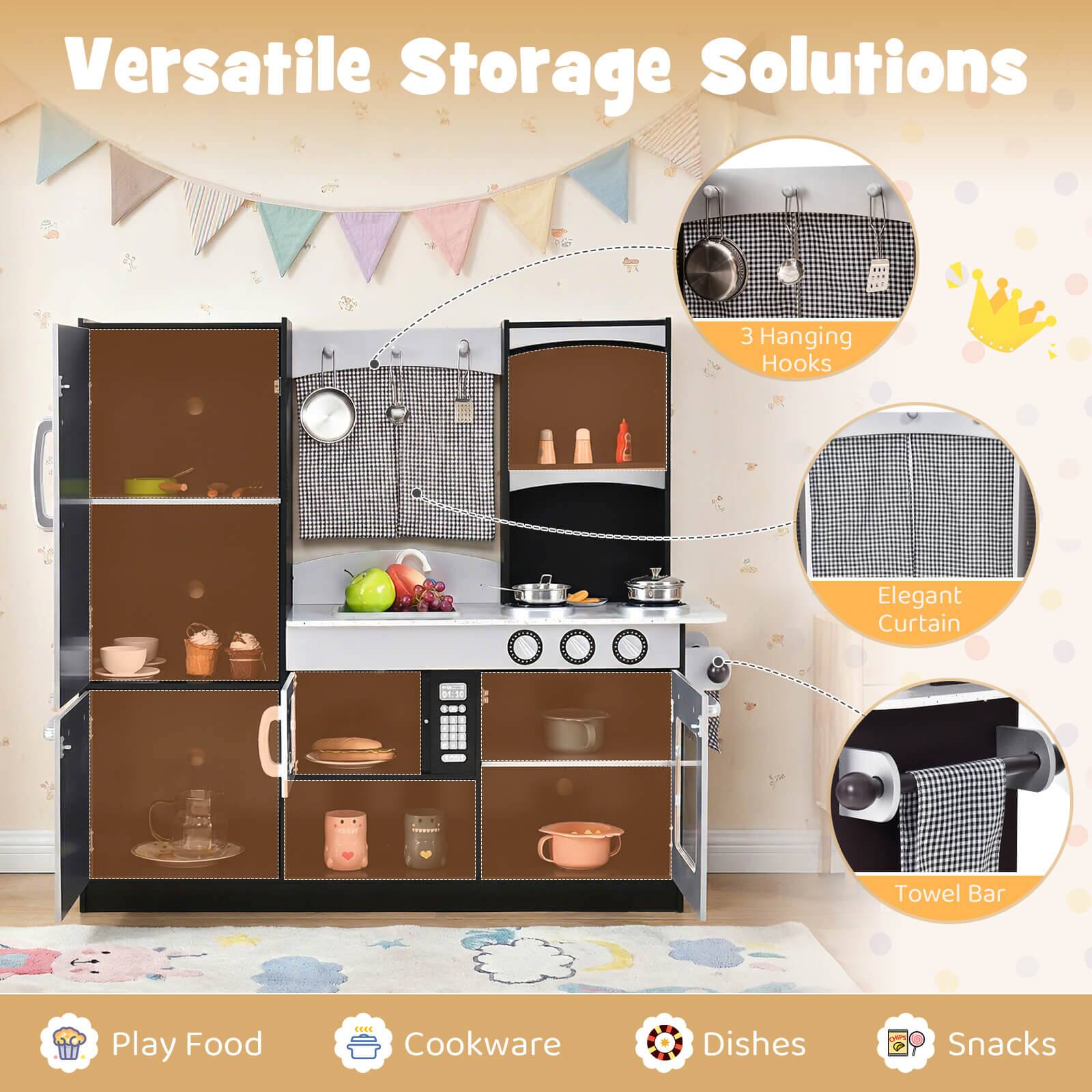 Versatile Storage Solutions

- 3 Hanging Hooks
- Elegant Curtain
- Towel Bar

Play Food
Cookware
Dishes
Snacks