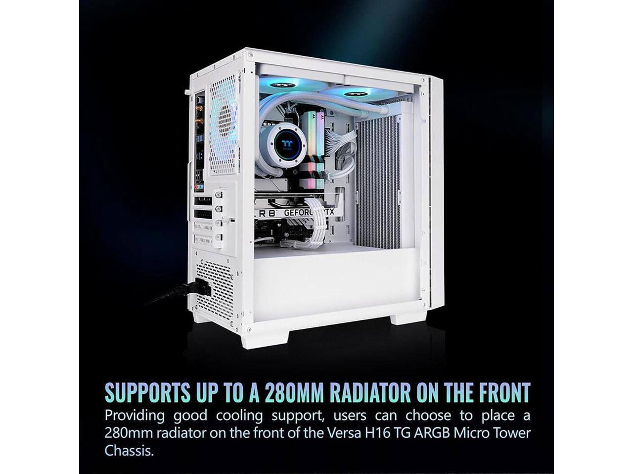 SUPPORTS UP TO A 280MM RADIATOR ON THE FRONT

Providing good cooling support, users can choose to place a 280mm radiator on the front of the Versa H16 TG ARGB Micro Tower Chassis.