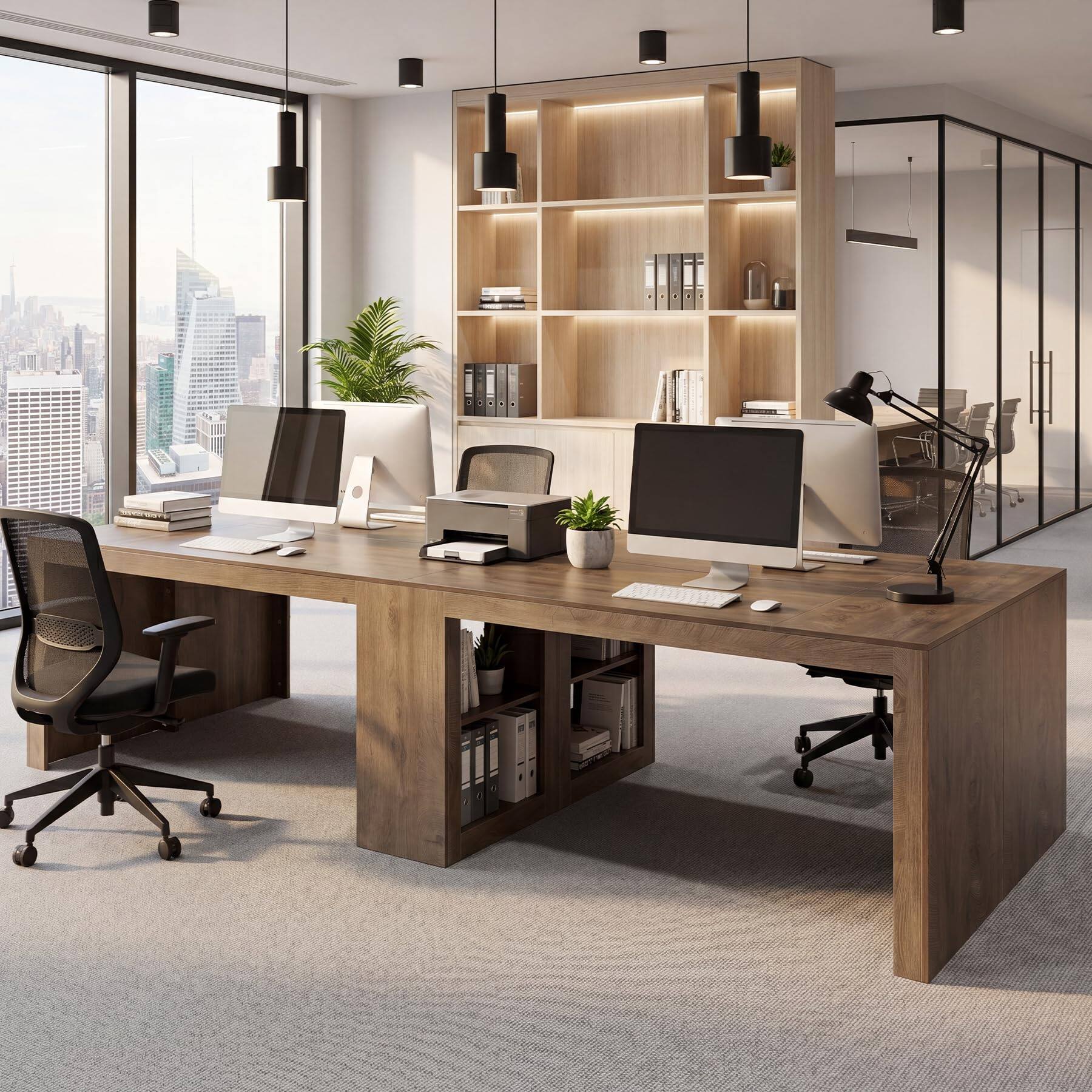 Back. Tribesigns - 78.7-Inch Two-Person Executive Desk with Storage Shelves for Home Office Work, Study or Computer Tasks - Light Rustic Oak.