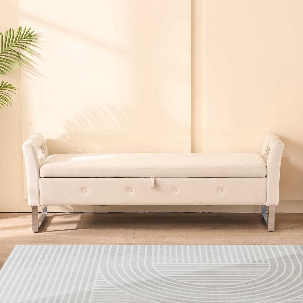 Back. Ropilly - Ropilly 68" Beige Velvet Storage Bench with Armrests, End of Bed Bedroom Bench, Entryway Shoe Bench with Hidden Storage - Beige.