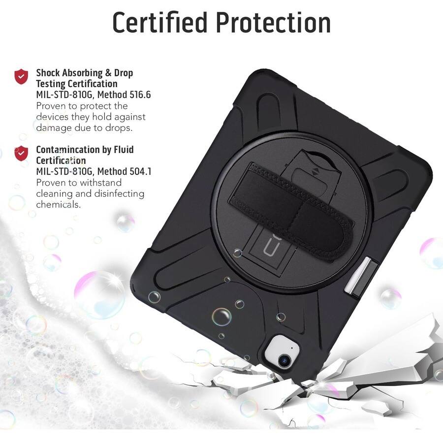 Certified Protection

- Shock Absorbing & Drop Testing Certification  
  MIL-STD-810G, Method 516.6  
  Proven to protect the devices they hold against damage due to drops.

- Contamination by Fluid Certification  
  MIL-STD-810G, Method 504.1  
  Proven to withstand cleaning and disinfecting chemicals.