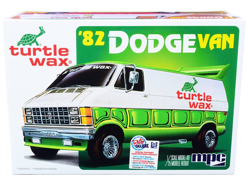 Sure, here is the corrected and grouped text from the image:

---

**'82 DODGE VAN**

**turtle wax**

**Retro Delure**

**SPECIAL FEATURES / CARACTÉRISTIQUES SPECIALES**

- Decals / Décals TURTLE WAX
- TINTED WINDOW Option / Option De FENÊTRE TEINTÉE
- VINTAGE STYLE Packaging / Emballage De STYLE INTAGÉ

**1 PLASTIC KIT / 1 TROUSSE EN PLASTIQUE**

**1/25 SCALE MODEL KIT / 1/25 MODÈLE RÉDUIT**

**mpc**

---

This text is organized to reflect the information on the packaging of the model kit.